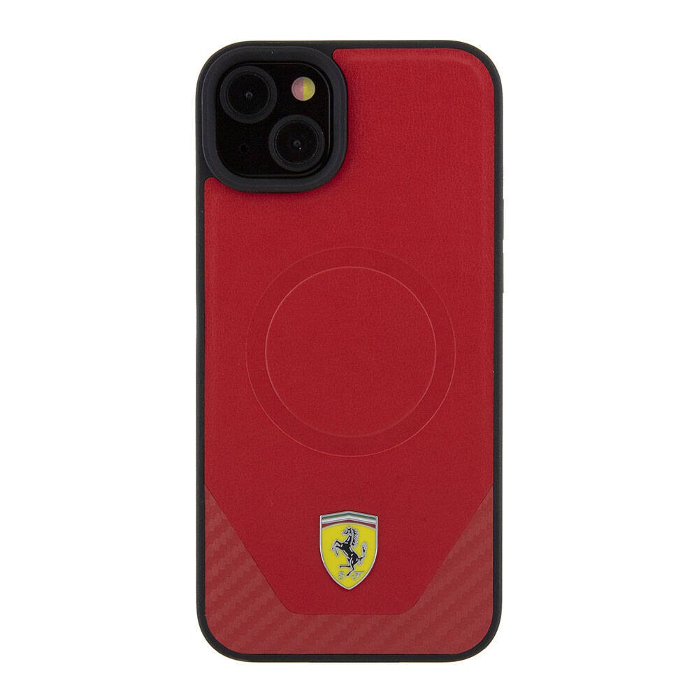 Apple iPhone 15 Kılıf Ferrari Orjinal Lisanslı Magsafe Şarj Özellikli Metal Logolu PU Karbon Kapak