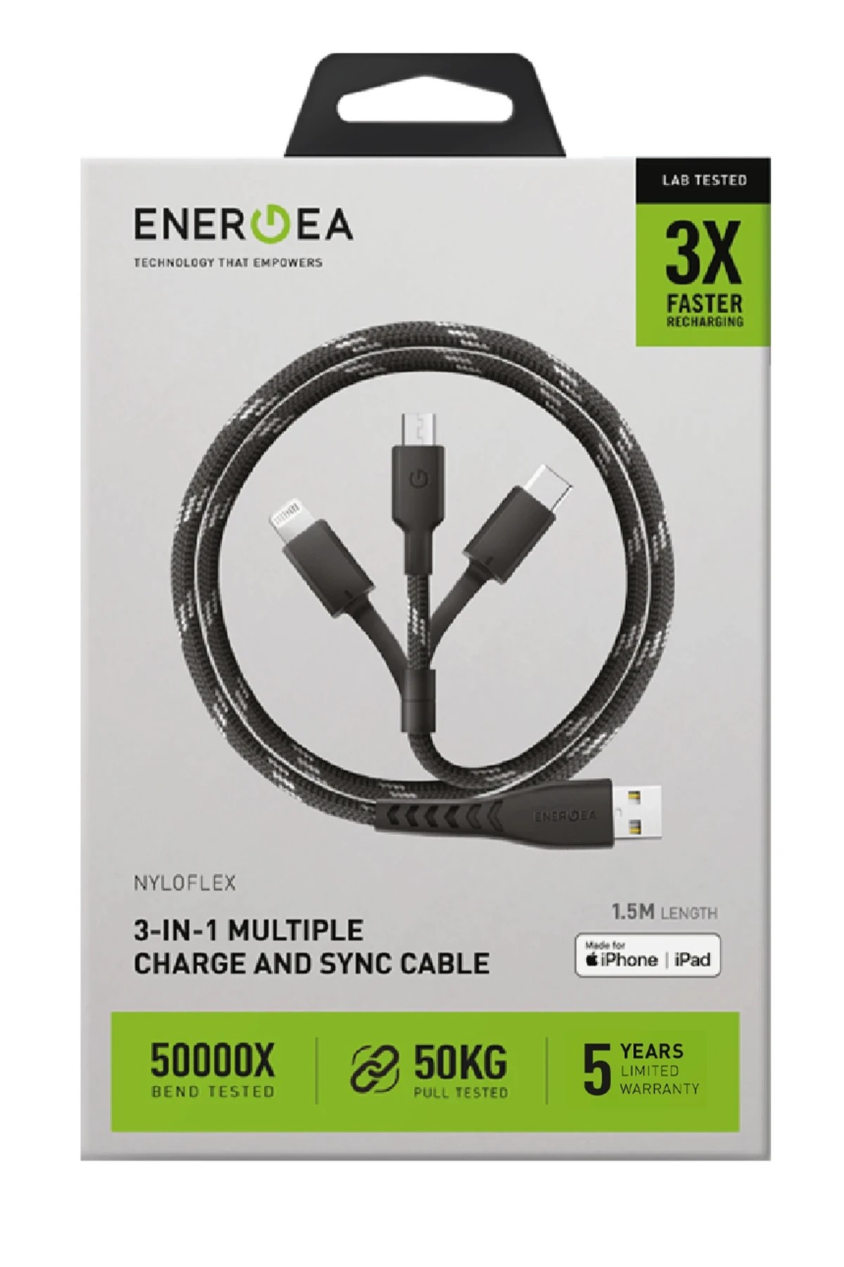 Energea C89 NyloFlex 3in1 1.5M 3A USB to Type-C / Lightning / Micro Hızlı Şarj Kablo 
