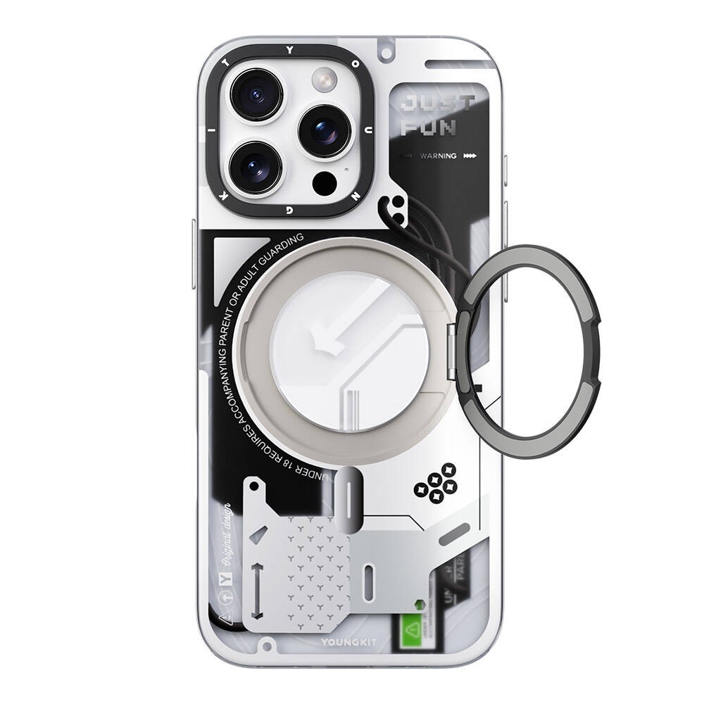 Apple iPhone 15 Pro Max Kılıf Magsafe Şarj Özellikli YoungKit 360° Standlı Starship Serisi Kapak - Beyaz