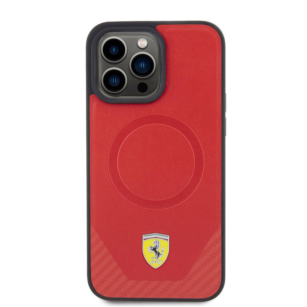 Apple iPhone 15 Pro Max Kılıf Ferrari Orjinal Lisanslı Magsafe Şarj Özellikli Metal Logolu PU Karbon Kapak
