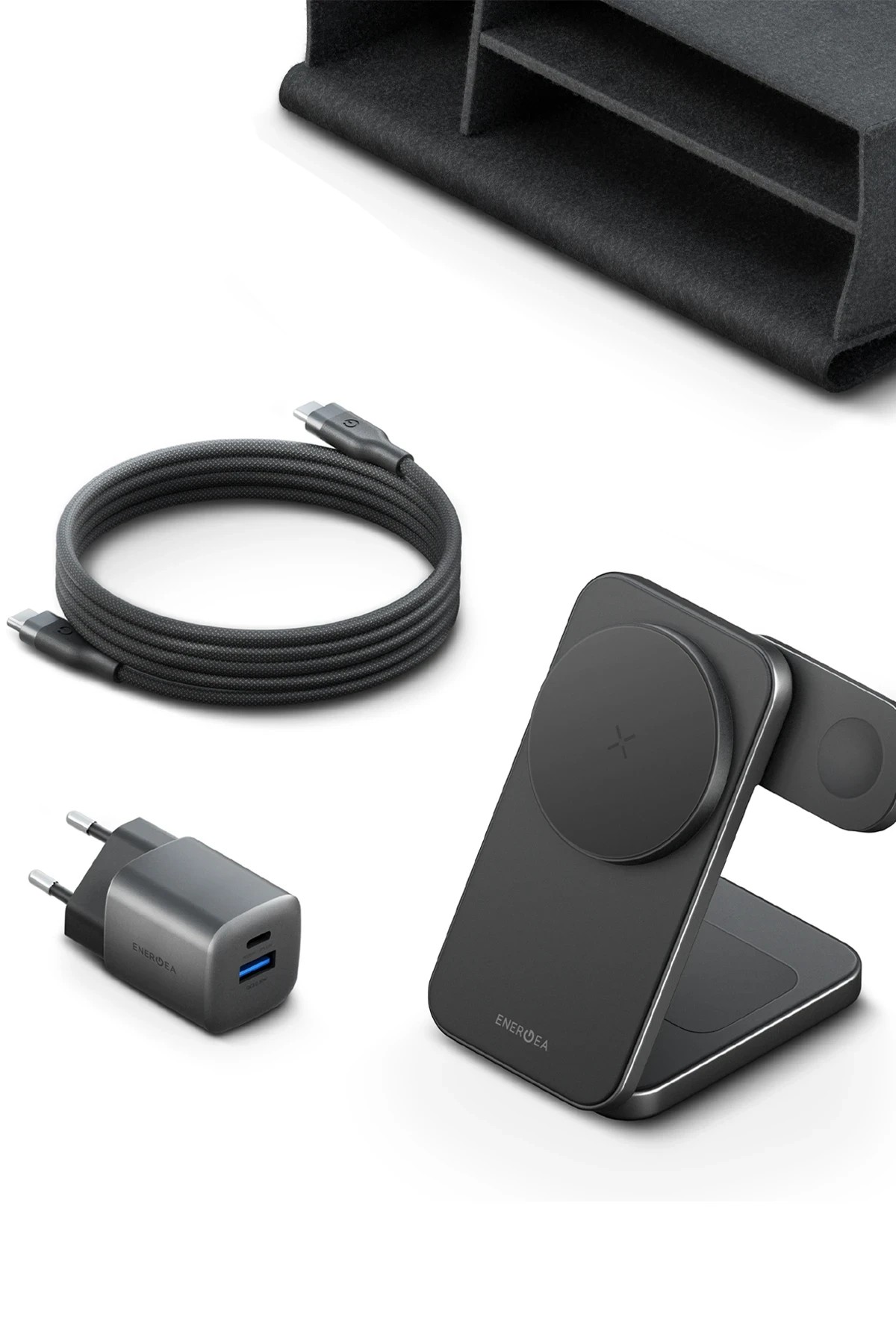 Energea Essential Kit AmpCharge GaN 35W Adaptör Magtrio Plus 3in1 Kablosuz Şarj Standı ve 100W Type-C to Type-C Manyetik Kablolu Set Travel Çanta