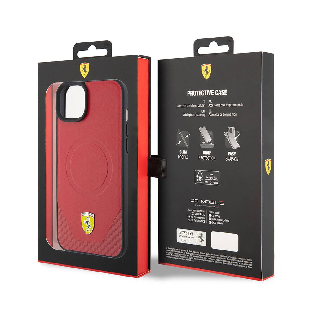 Apple iPhone 15 Plus Kılıf Ferrari Orjinal Lisanslı Magsafe Şarj Özellikli Metal Logolu PU Karbon Kapak