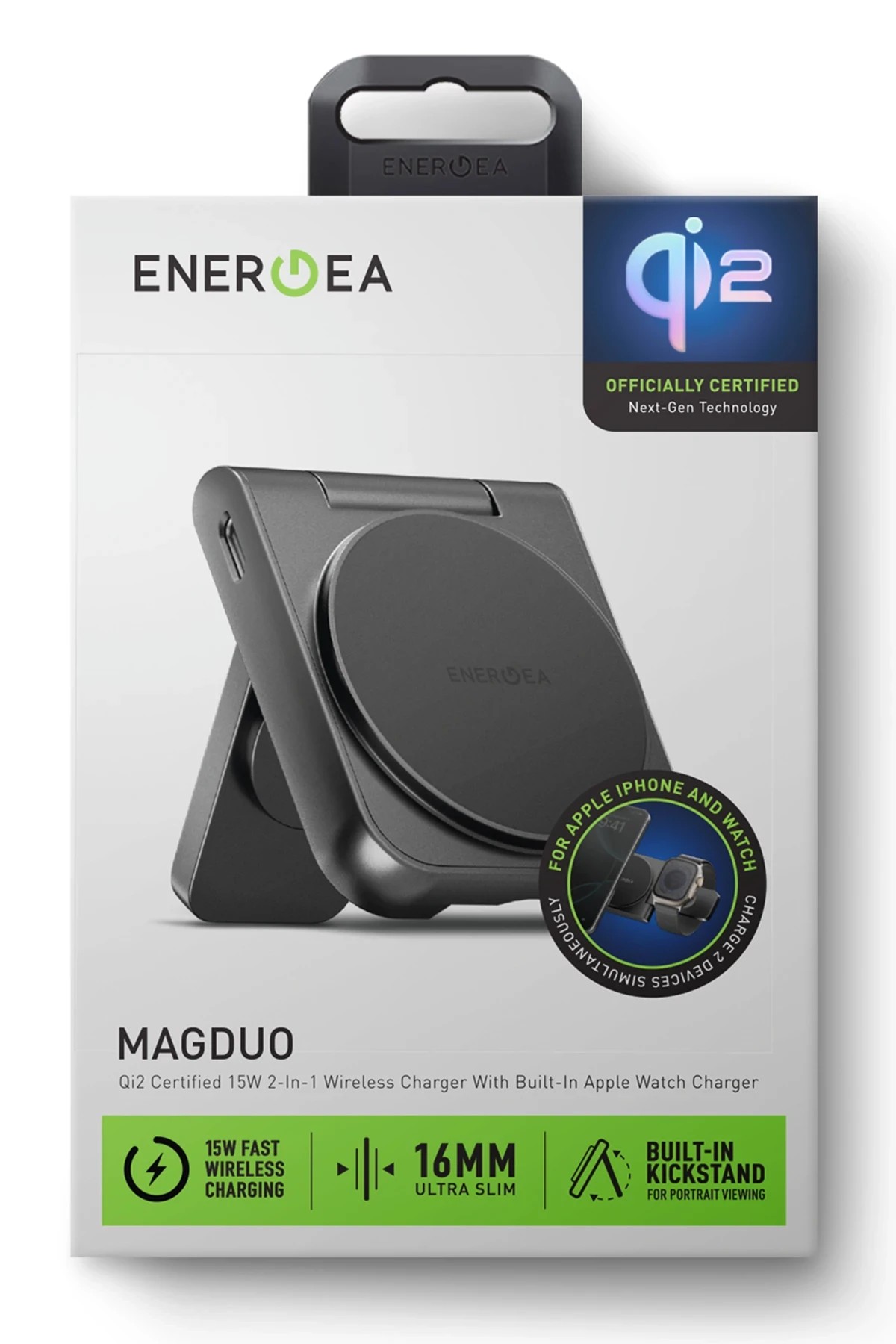 Energea MagDuo 2in1 Katlanabilir 15W Telefon ve 2.5W Saat Masaüstü Hızlı Şarj Standı