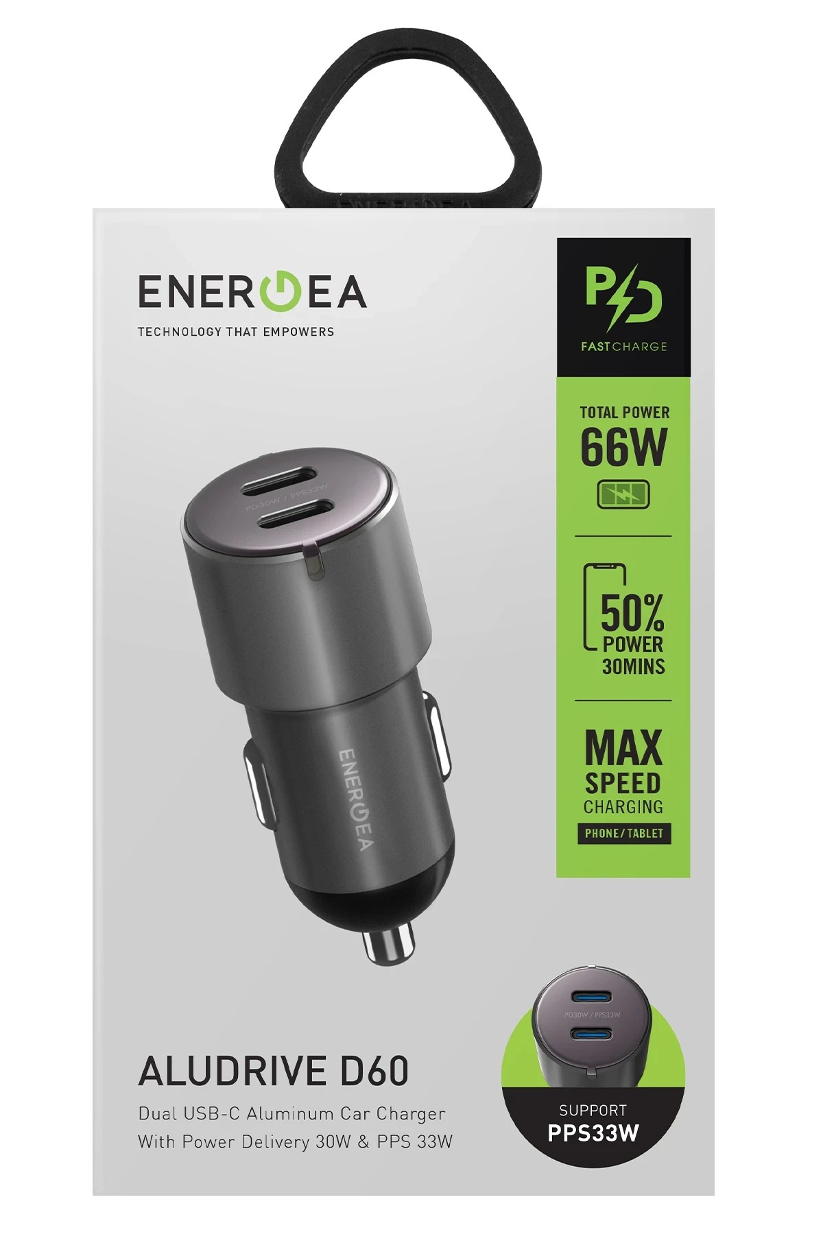 Energea AluDrive D60 66W 2 Adet 33W Type-C Çıkışlı Alüminyum Araç İçi Şarj Aleti 