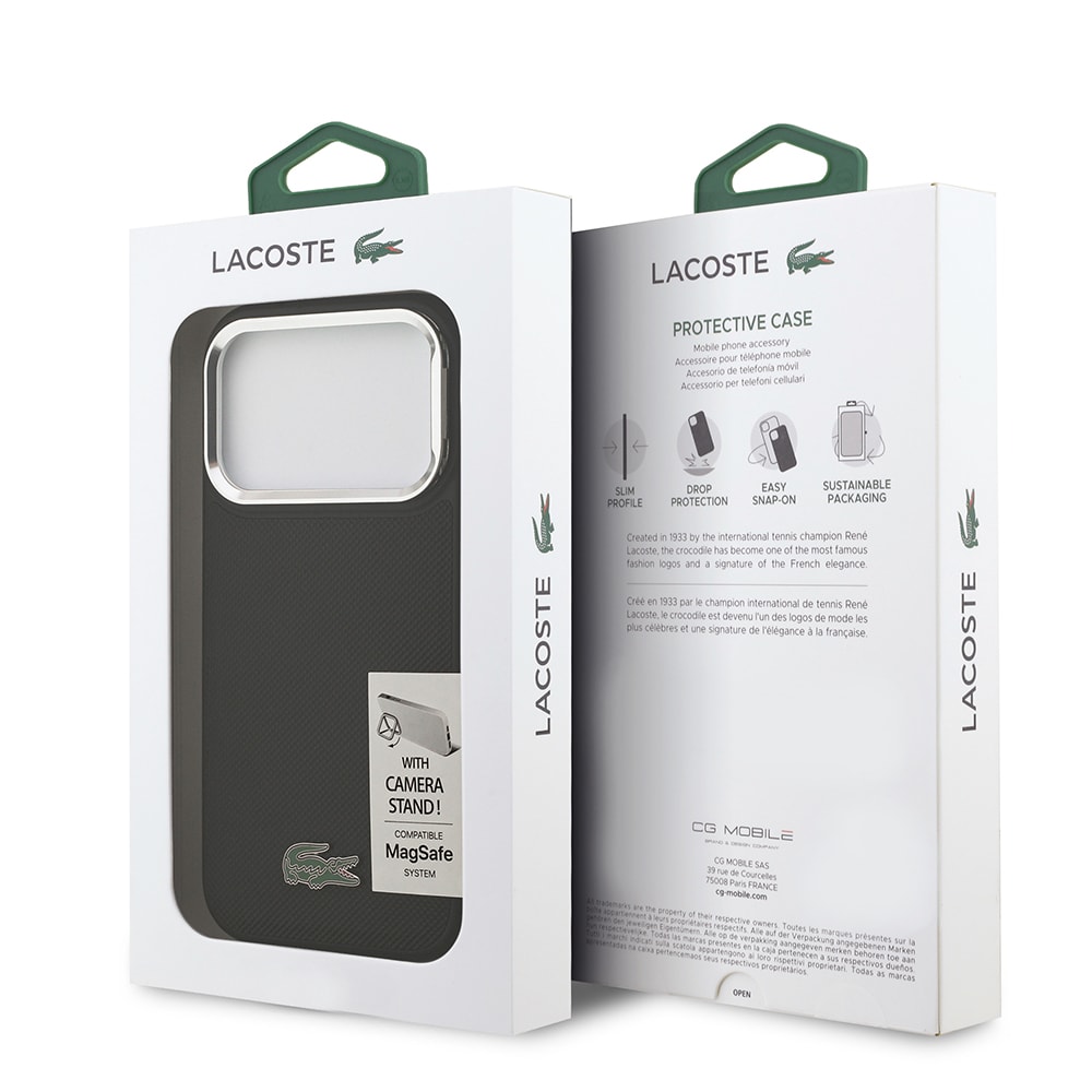 Lacoste Orjinal Lisanslı M-safe Şarj Özellikli PU Pike Desenli Standlı Metal Logolu Kapak - iPhone 17 Pro 