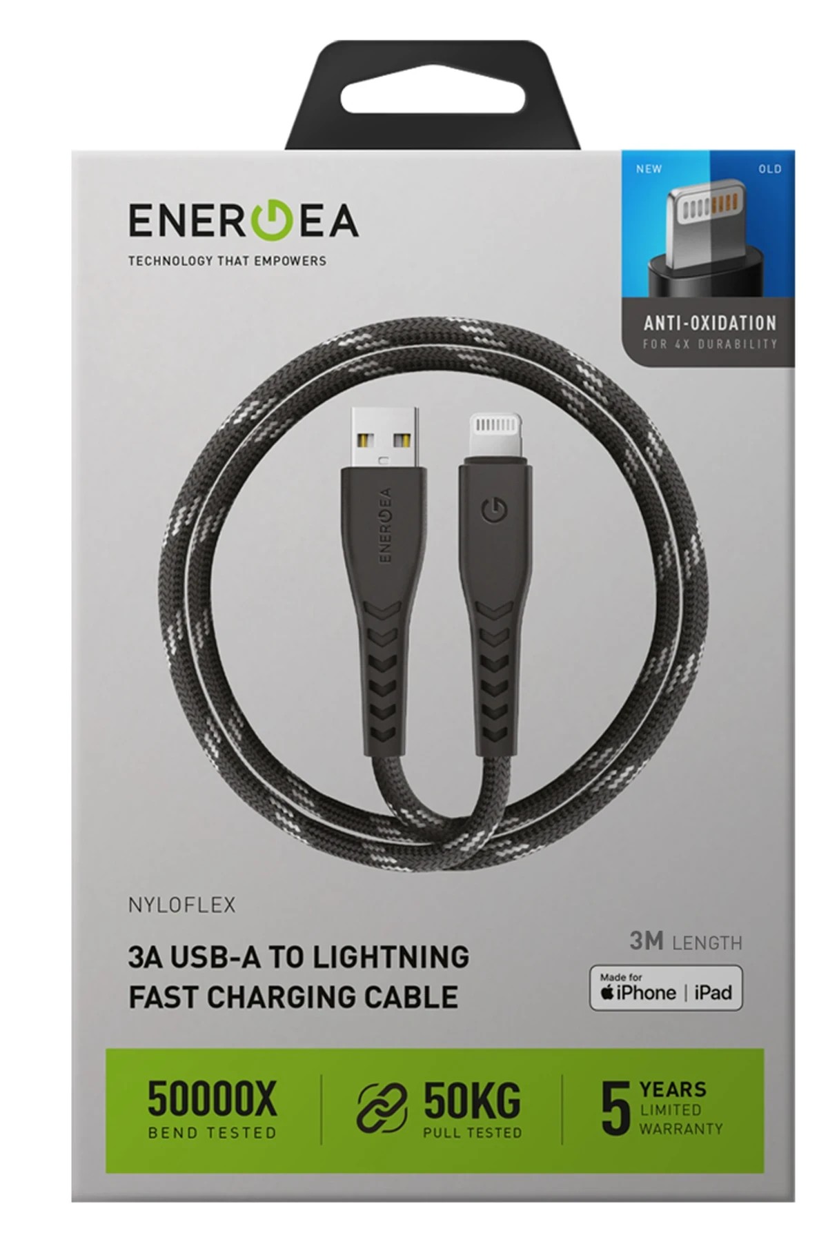 Energea C89 NyloFlex 3M 3A USB to Lightning Hızlı Şarj Kablo 