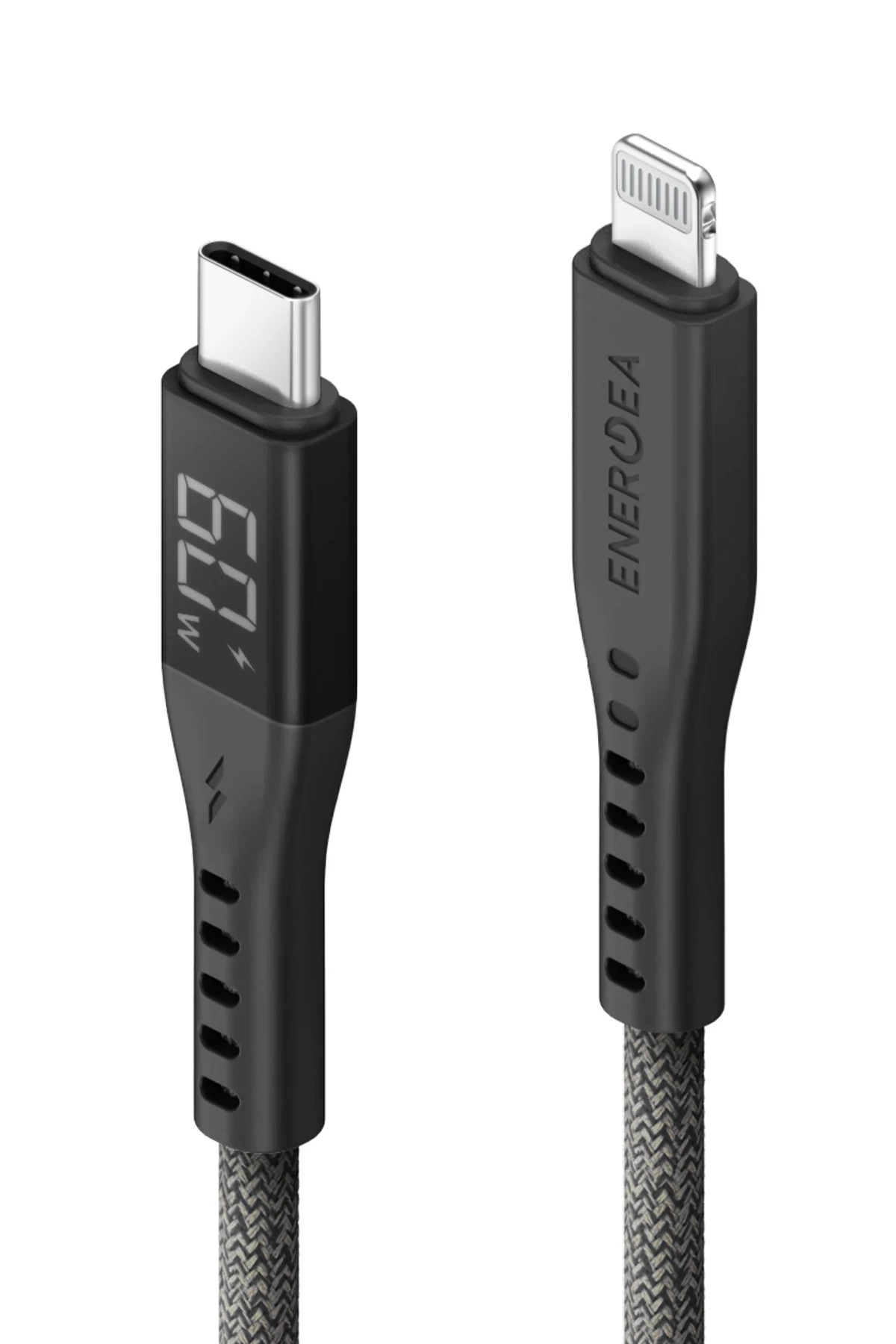 Energea Flow 1.5M 60W Dijital Göstergeli Type-C to Lightning PD Hızlı Şarj Kablo - Siyah