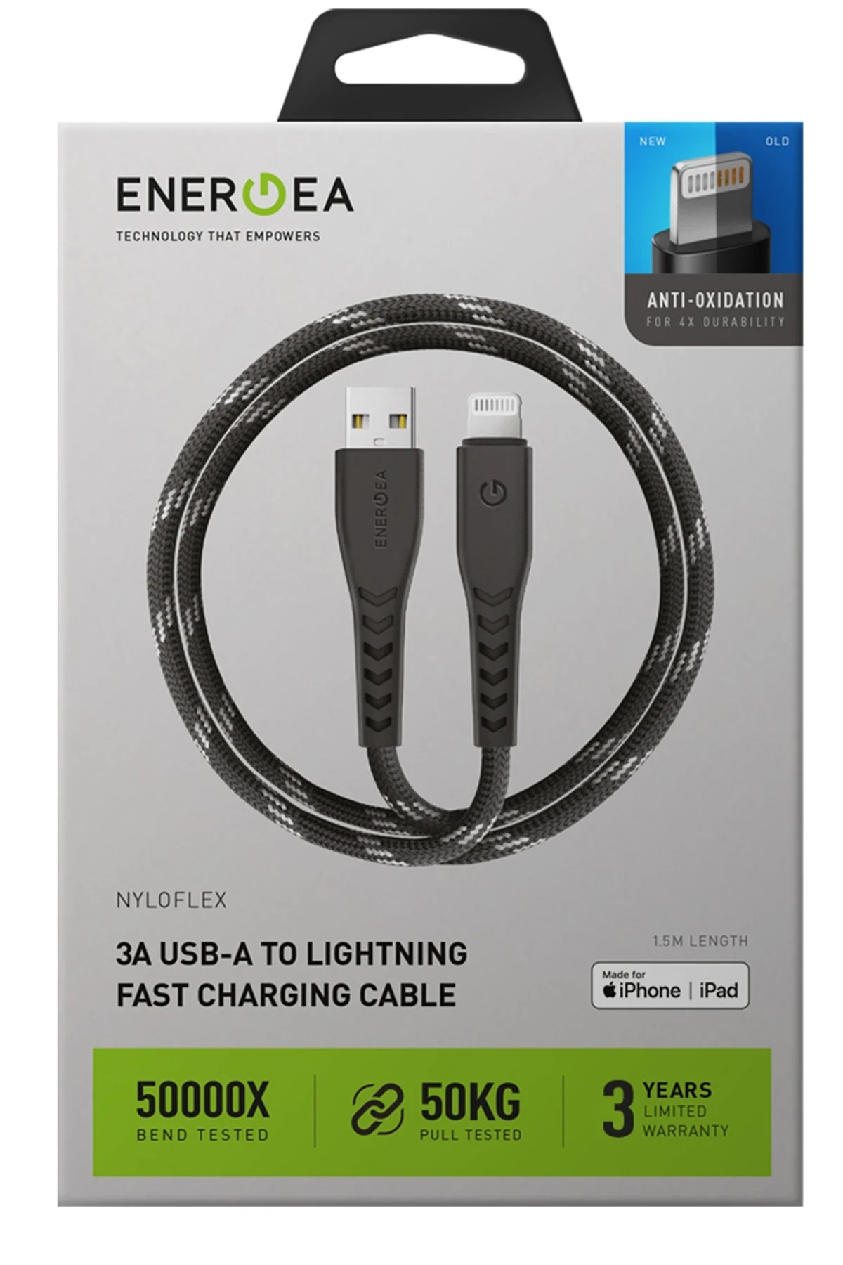 Energea C89 NyloFlex 1.5M 3A USB to Lightning Hızlı Şarj Kablo 