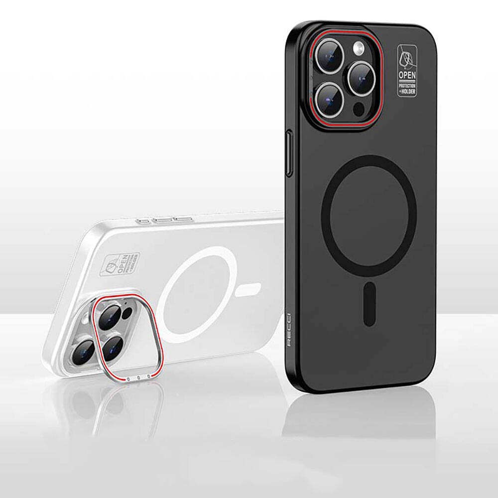 Apple iPhone 15 Pro Max Kılıf Recci Magnetic Glass Serisi Standlı Magsafe Şarj Özellikli Kapak