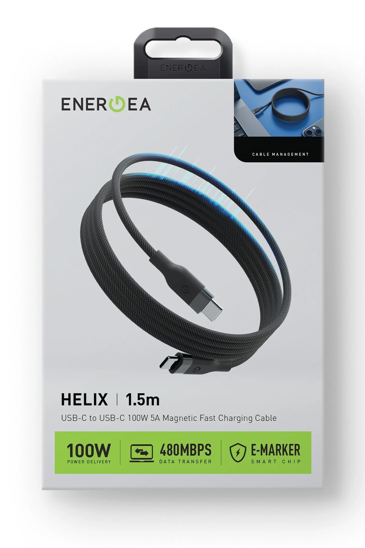 Energea Helix 1.5M 100W Manyetik Katlanma Özellikli Type-C to Type-C PD Hızlı Şarj Kablo