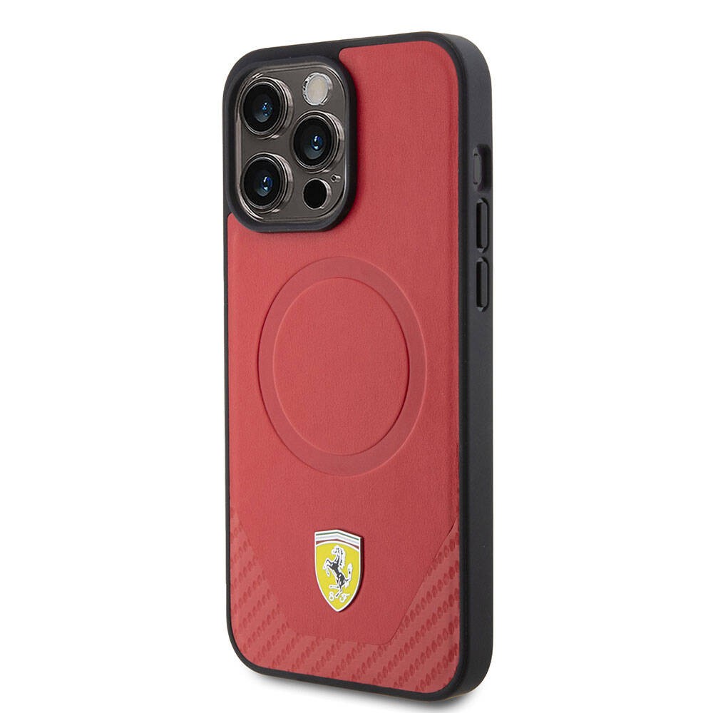 Apple iPhone 15 Pro Max Kılıf Ferrari Orjinal Lisanslı Magsafe Şarj Özellikli Metal Logolu PU Karbon Kapak