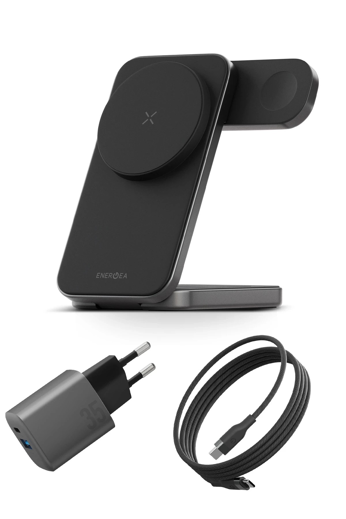 Energea Essential Kit AmpCharge GaN 35W Adaptör Magtrio Plus 3in1 Kablosuz Şarj Standı ve 100W Type-C to Type-C Manyetik Kablolu Set Travel Çanta