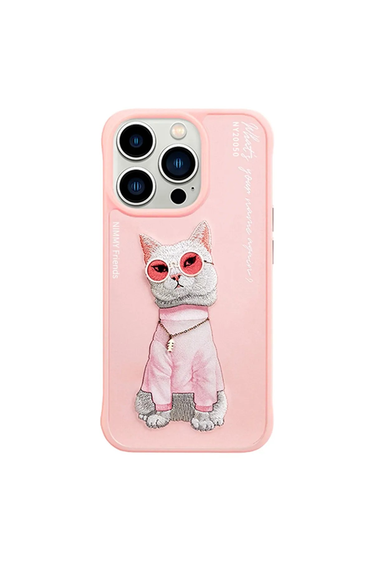 Nimmy iPhone 15 Pro Max Cat Serisi Kedi Nakış işlemeli Zincir ve Gözlük Detaylı Kılıf Pembe