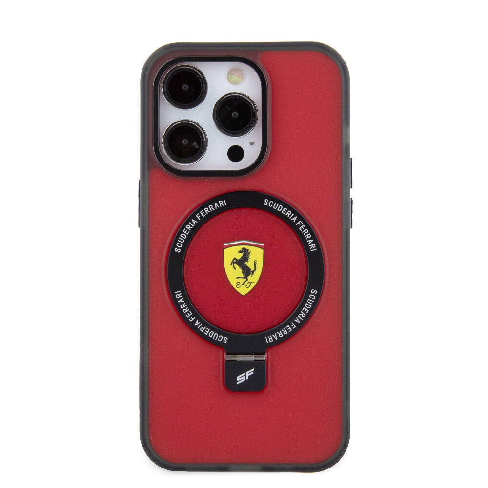 Apple iPhone 15 Pro Kılıf Ferrari Magsafe Şarj Özellikli Standlı Buzlu Yüzey Dizayn Kapak