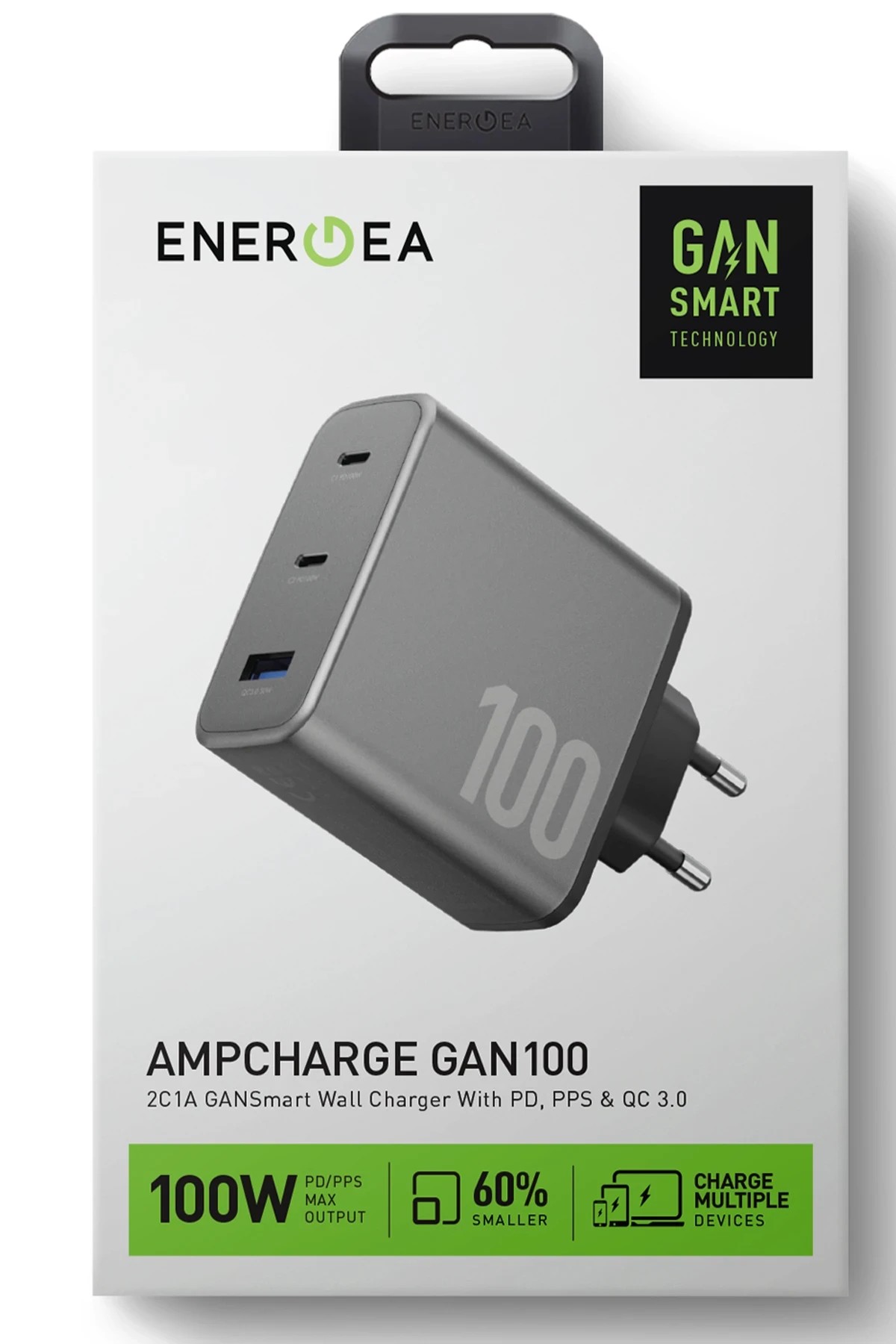 Energea AmpCharge GaN100 2 Adet 100W Type-C ve 30W USB 3.0 Çıkışlı Hızlı Şarj Aleti