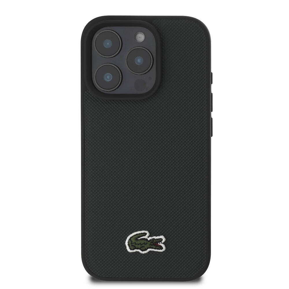 Lacoste Orjinal Lisanslı Pike Desenli İkonik Timsah Doku Logo Kılıf for iPhone 16 Pro Max - Siyah