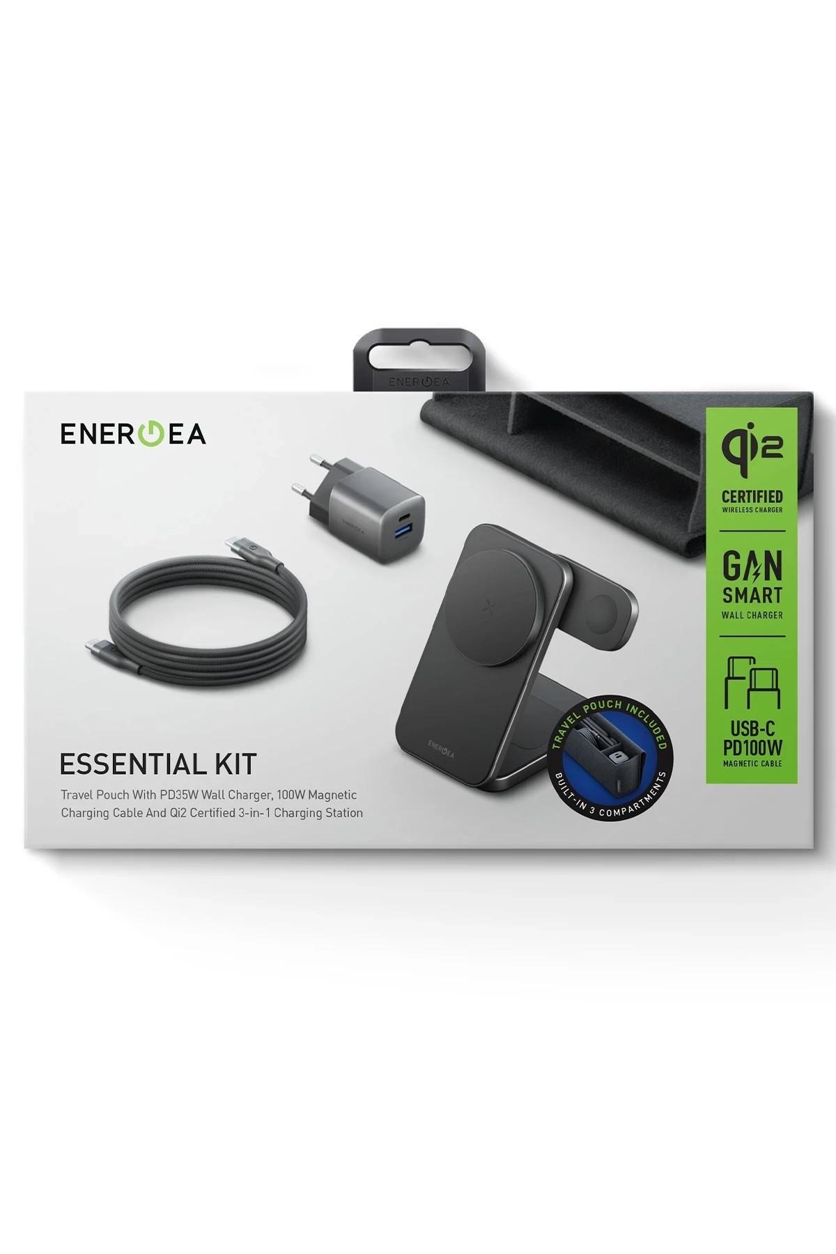 Energea Essential Kit AmpCharge GaN 35W Adaptör Magtrio Plus 3in1 Kablosuz Şarj Standı ve 100W Type-C to Type-C Manyetik Kablolu Set Travel Çanta