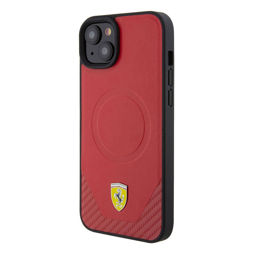Apple iPhone 15 Plus Kılıf Ferrari Orjinal Lisanslı Magsafe Şarj Özellikli Metal Logolu PU Karbon Kapak