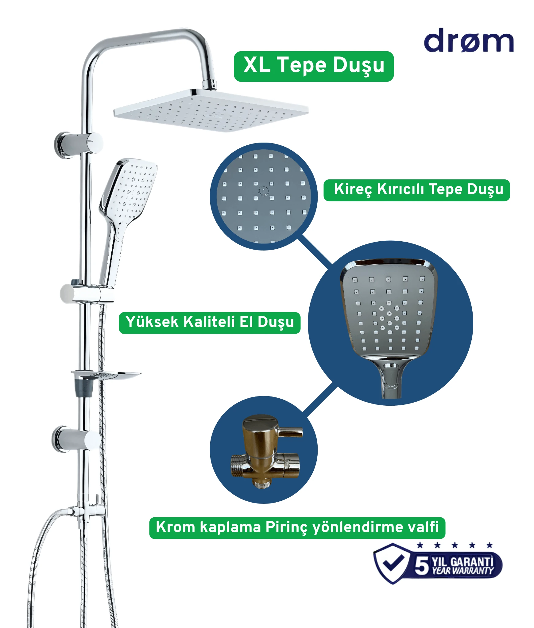 Harmoni Paslanmaz Krom Tepe Duş Seti 5 Yıl Garantili