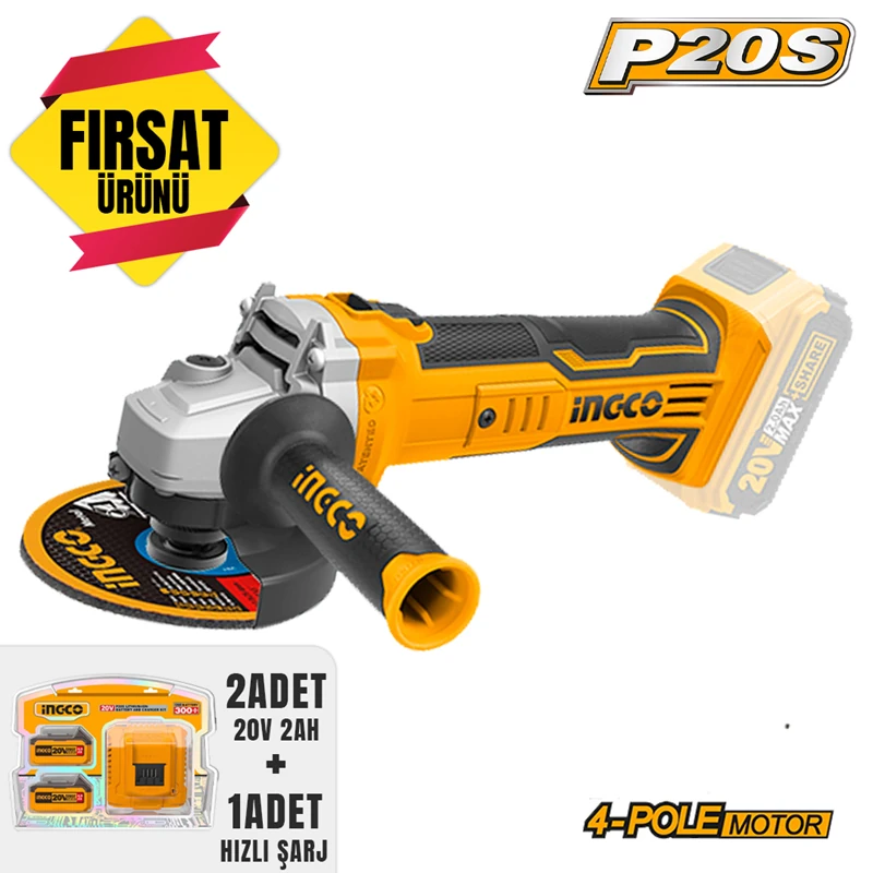 Li-ion Akülü Avuç Taşlama 115 MM 20V 2.0Ah+ Li-ion Akü ve Şarj Cihazı Seti 20V 4.AH (ING-FBCPK1424E)