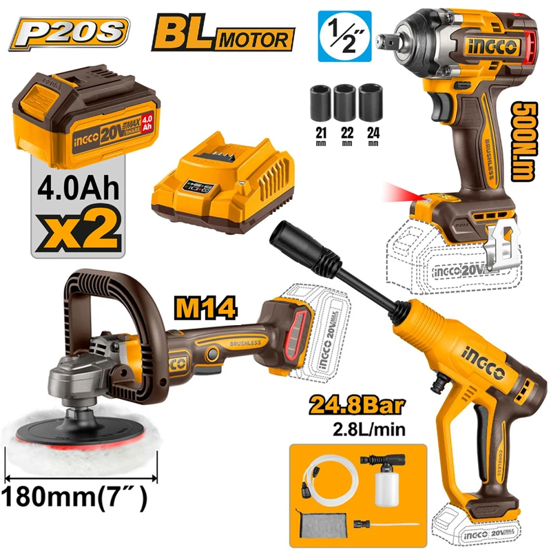 Li-ion Kömürsüz Akülü 3 li Kombo Set - Polisaj, Somun sıkma ve Araç Yıkama 20V 4.0 Ah