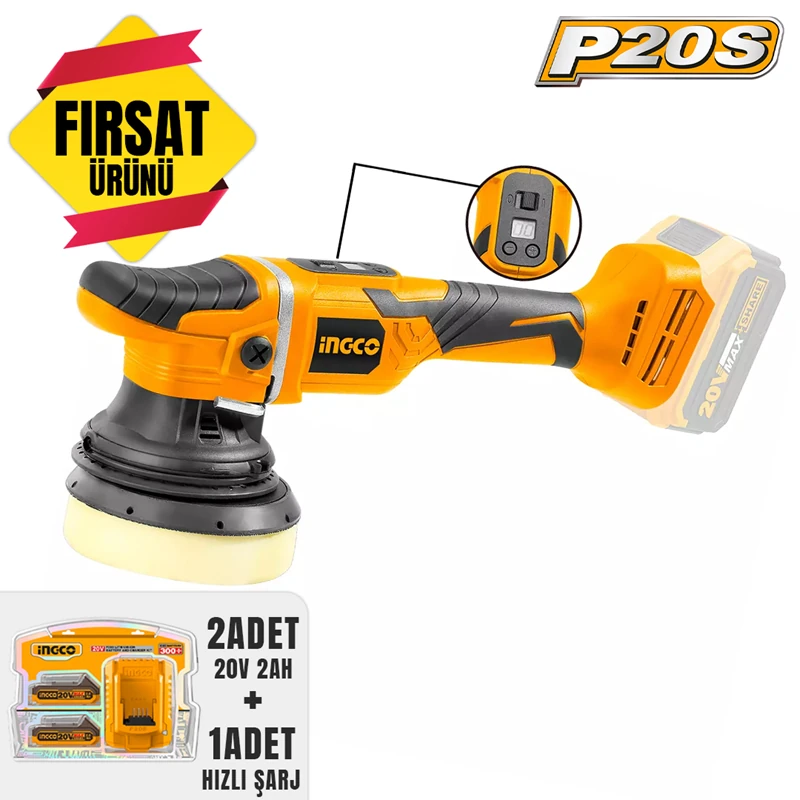 Akülü Polisaj 125mm 20V 2.0 Ah  + Li-ion Akü ve Şarj Cihazı Seti 20V 2.0Ah(ING-FBCPK1222E)