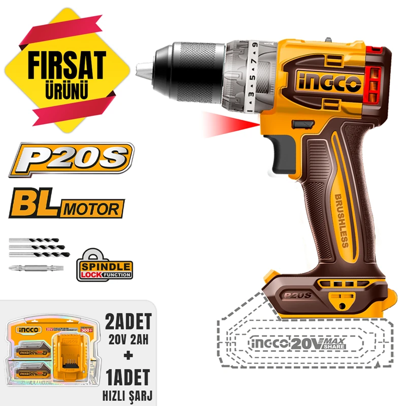 Kömürsüz Li-ion Akülü Matkap 10 MM 20V 2.0Ah + Li-ion Akü ve Şarj Cihazı Seti 20V 2.0Ah(ING-FBCPK1222E)