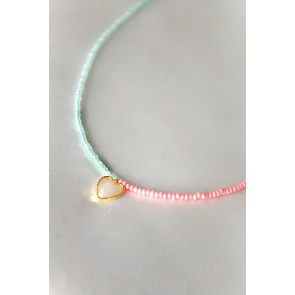 Kadın Pembe-Turkuaz Kalp Figürlü Boncuk Kolye Bijuteri Seri