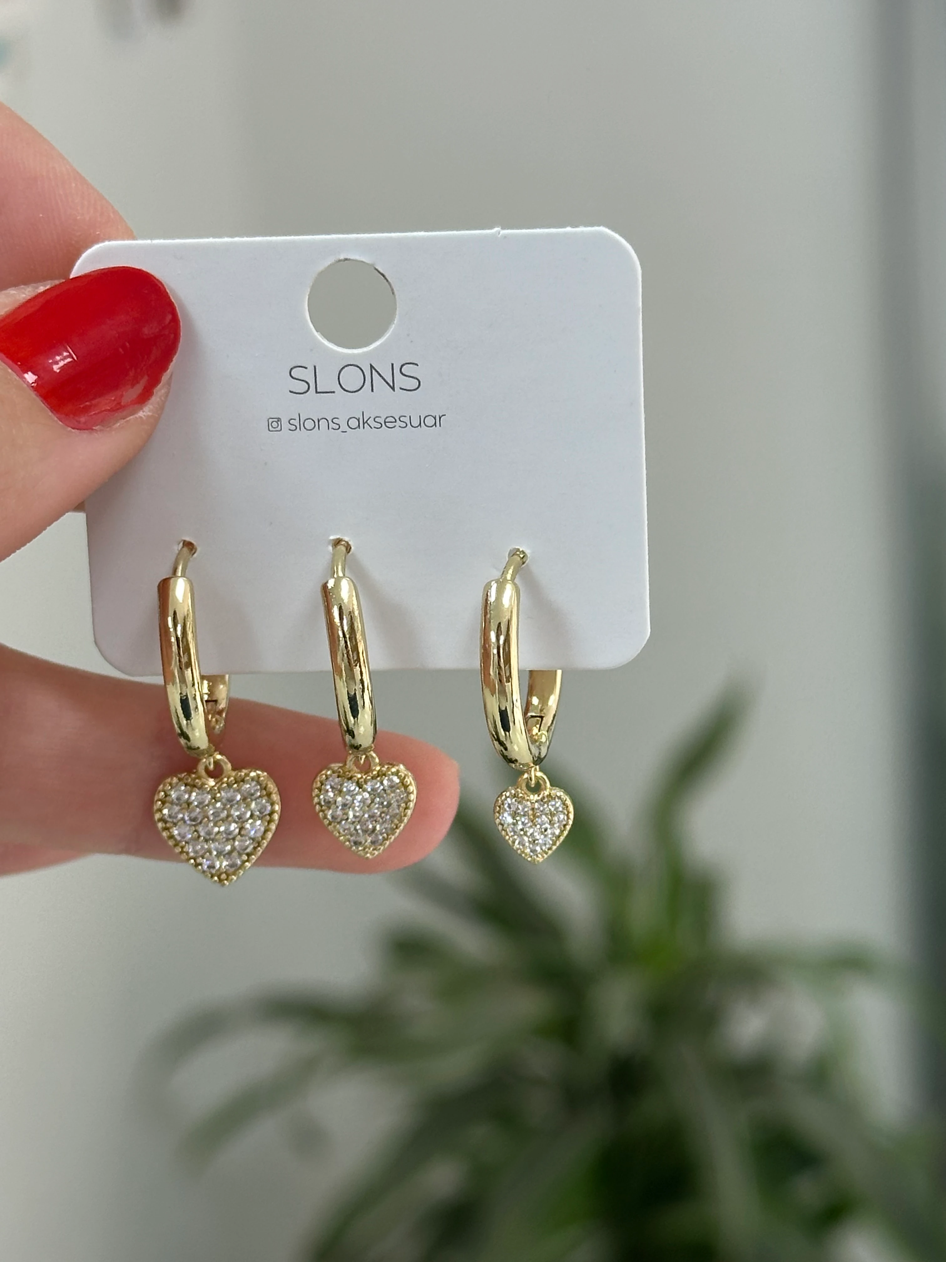 Gold Kalp Üçlü Set Küpe