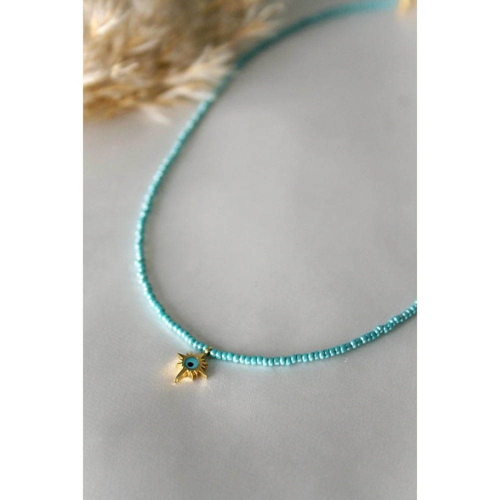 Kadın Parlak Turkuaz Kutup Yıldızı Figürlü Boncuk Kolye Bijuteri Seri