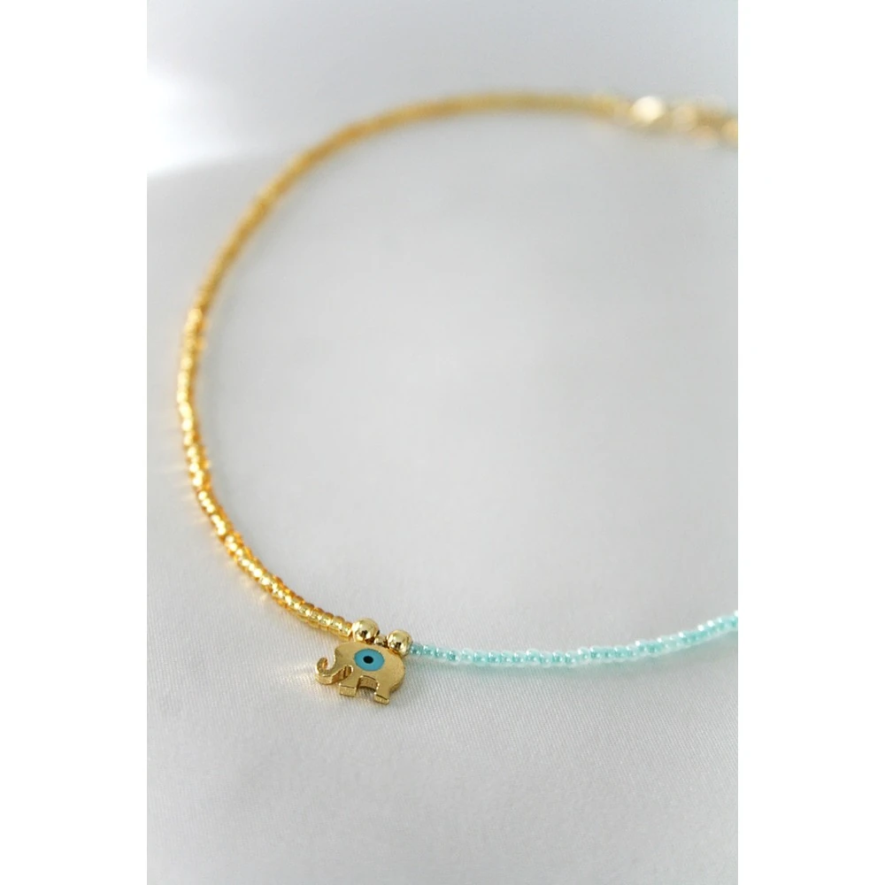 Kadın Turkuaz-Altın Sarısı Fil Figürlü Boncuk Kolye Bijuteri Seri