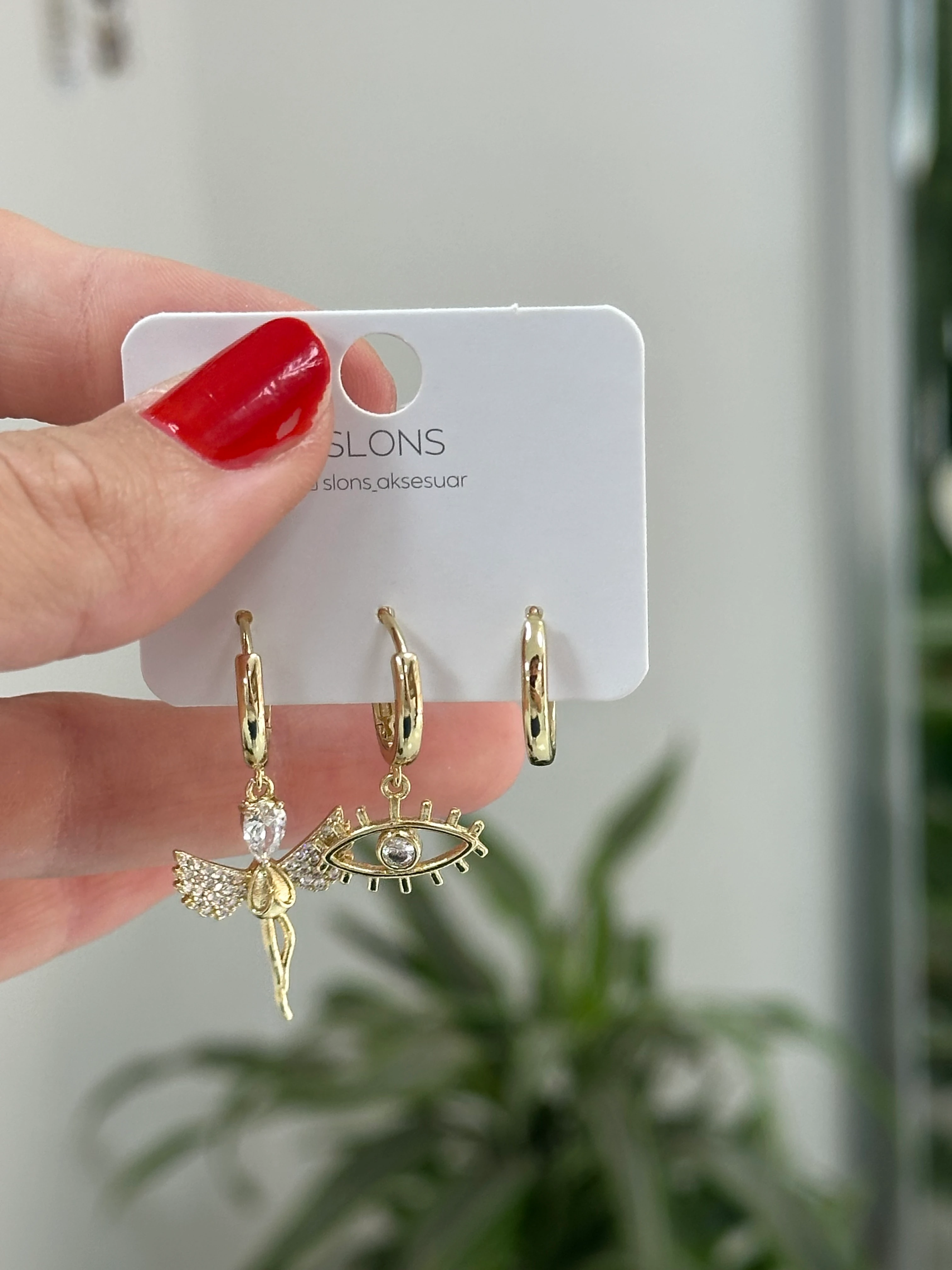 Gold Melek-Göz Üçlü Set Küpe