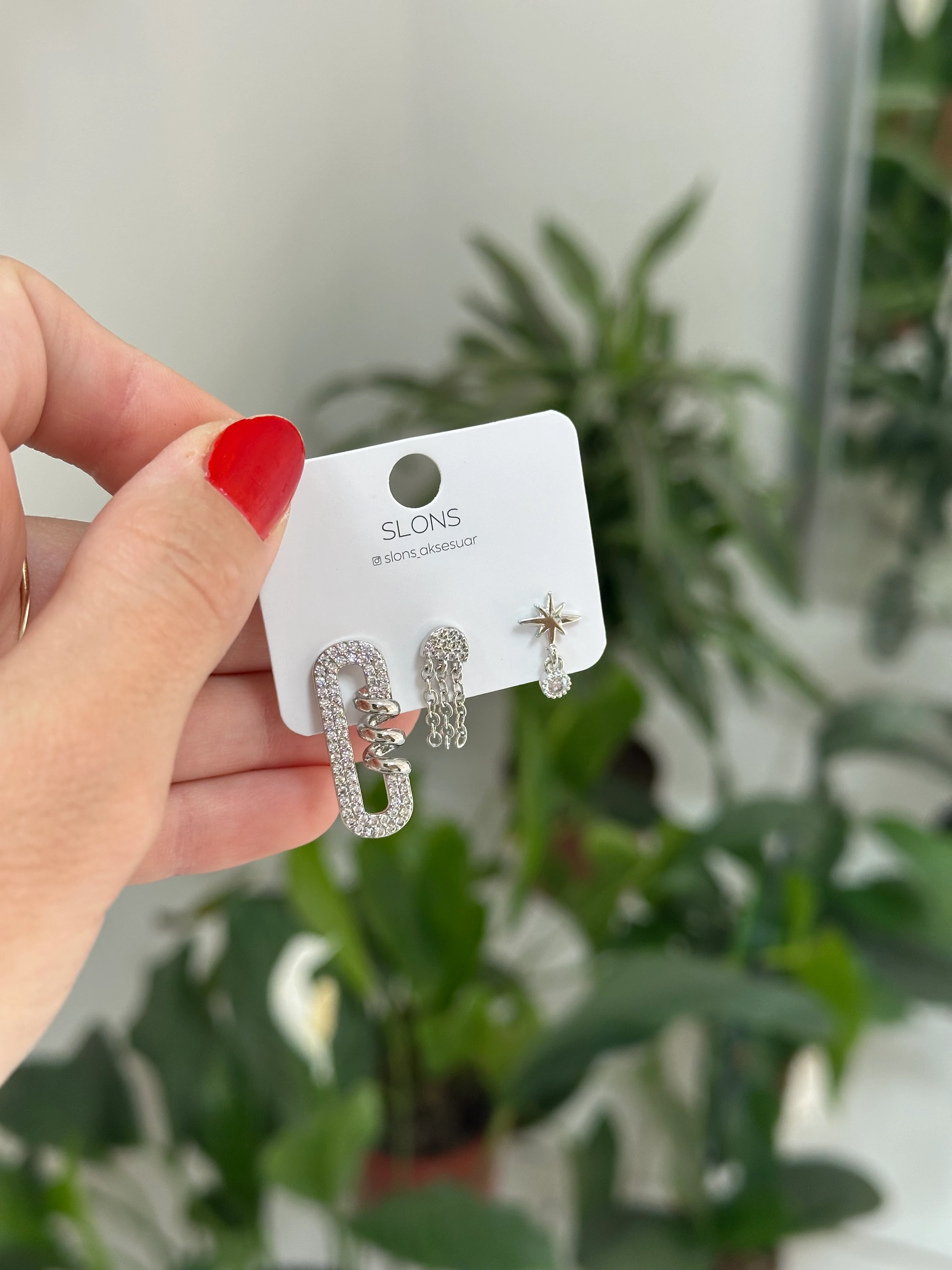 Taşlı Çengel Üçlü Set Küpe