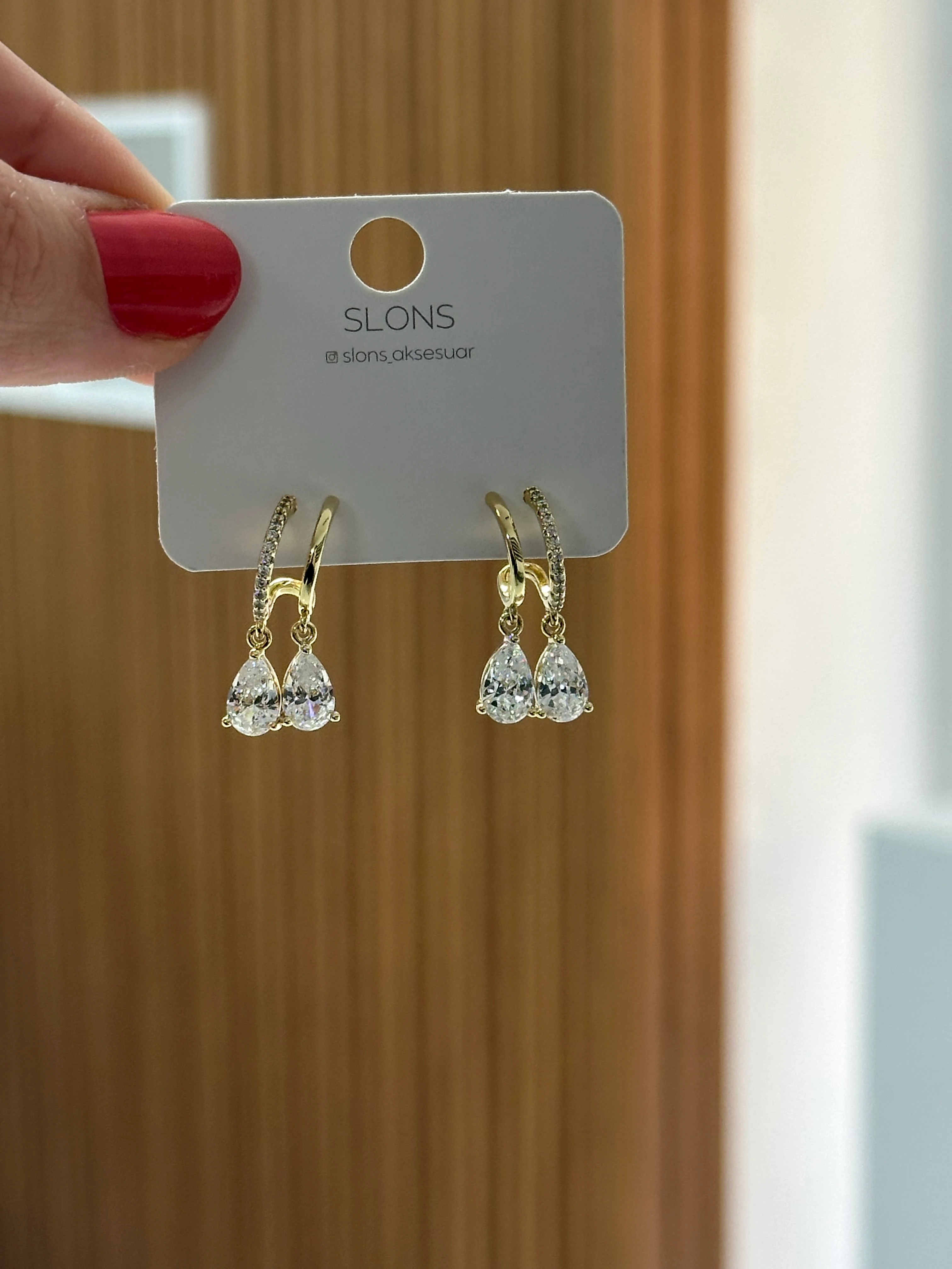 İkili Görünümlü Damla Taş Gold Küpe