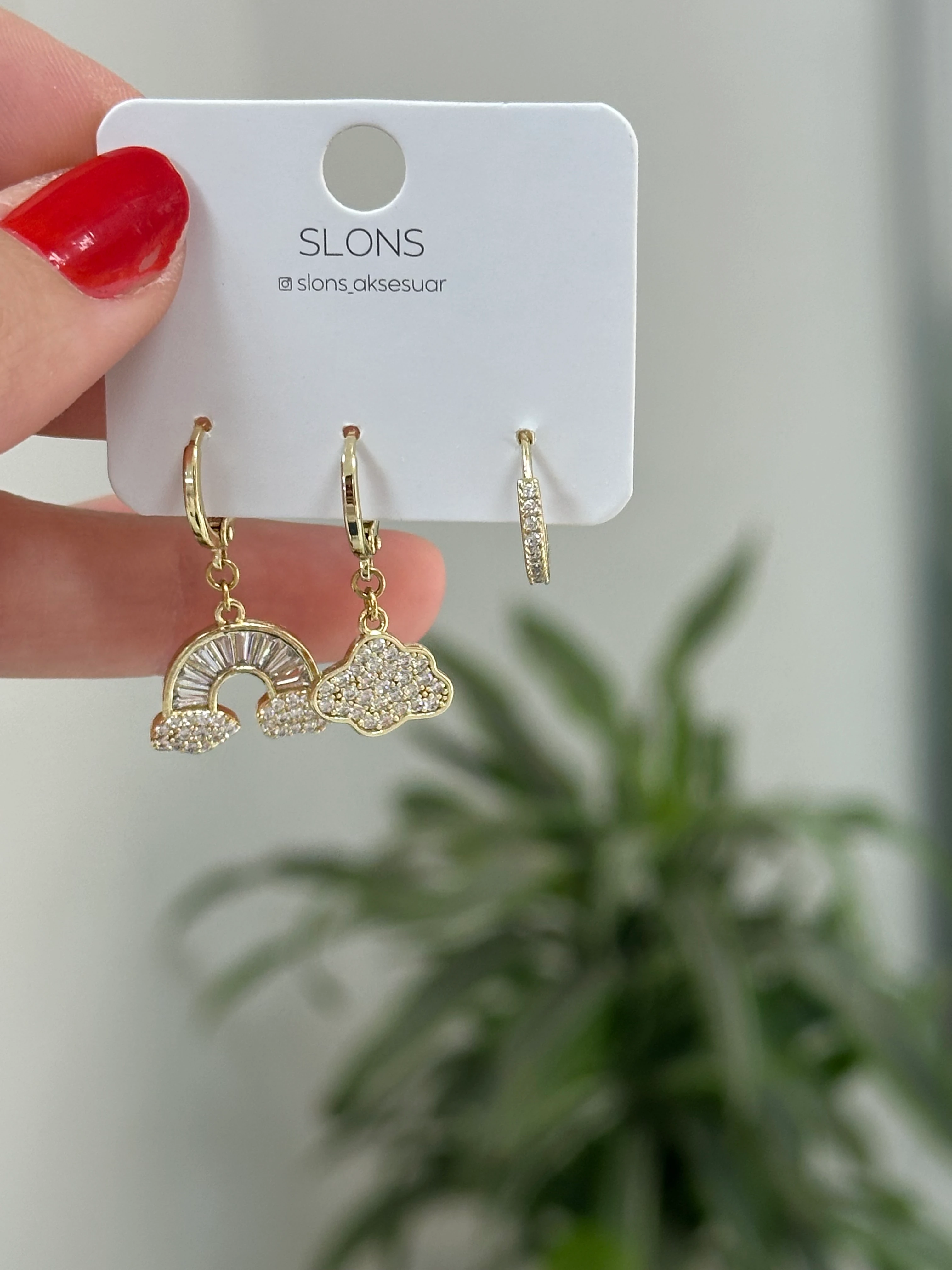 Gold Gökkuşağı-Bulut Üçlü Set Küpe