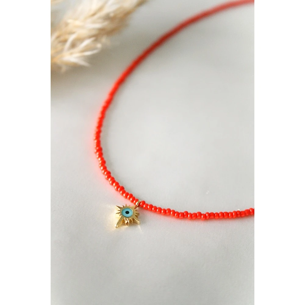 Kadın Kırmızı Kutup Yıldızı Figürlü Boncuk Kolye Bijuteri Seri