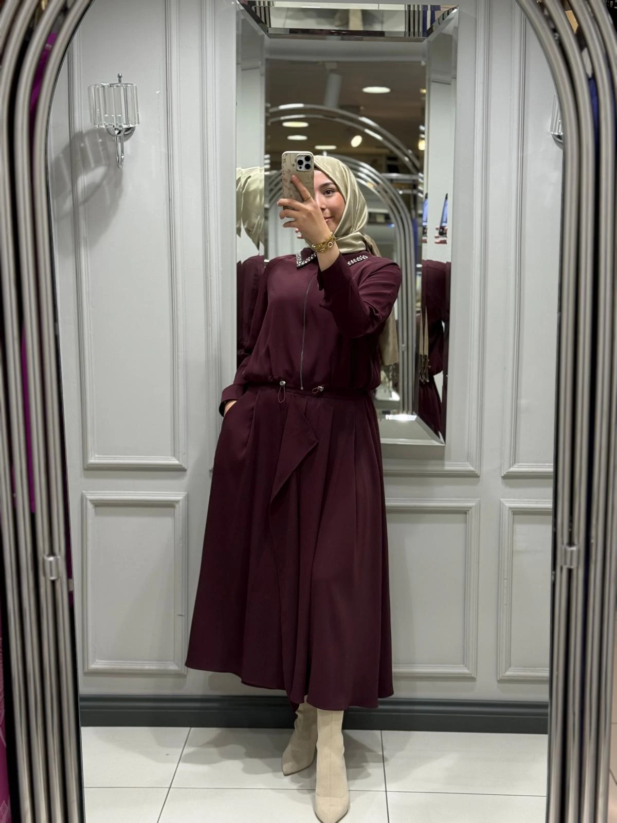 MY312 YAKASI TAŞLI TAKIM - BORDO