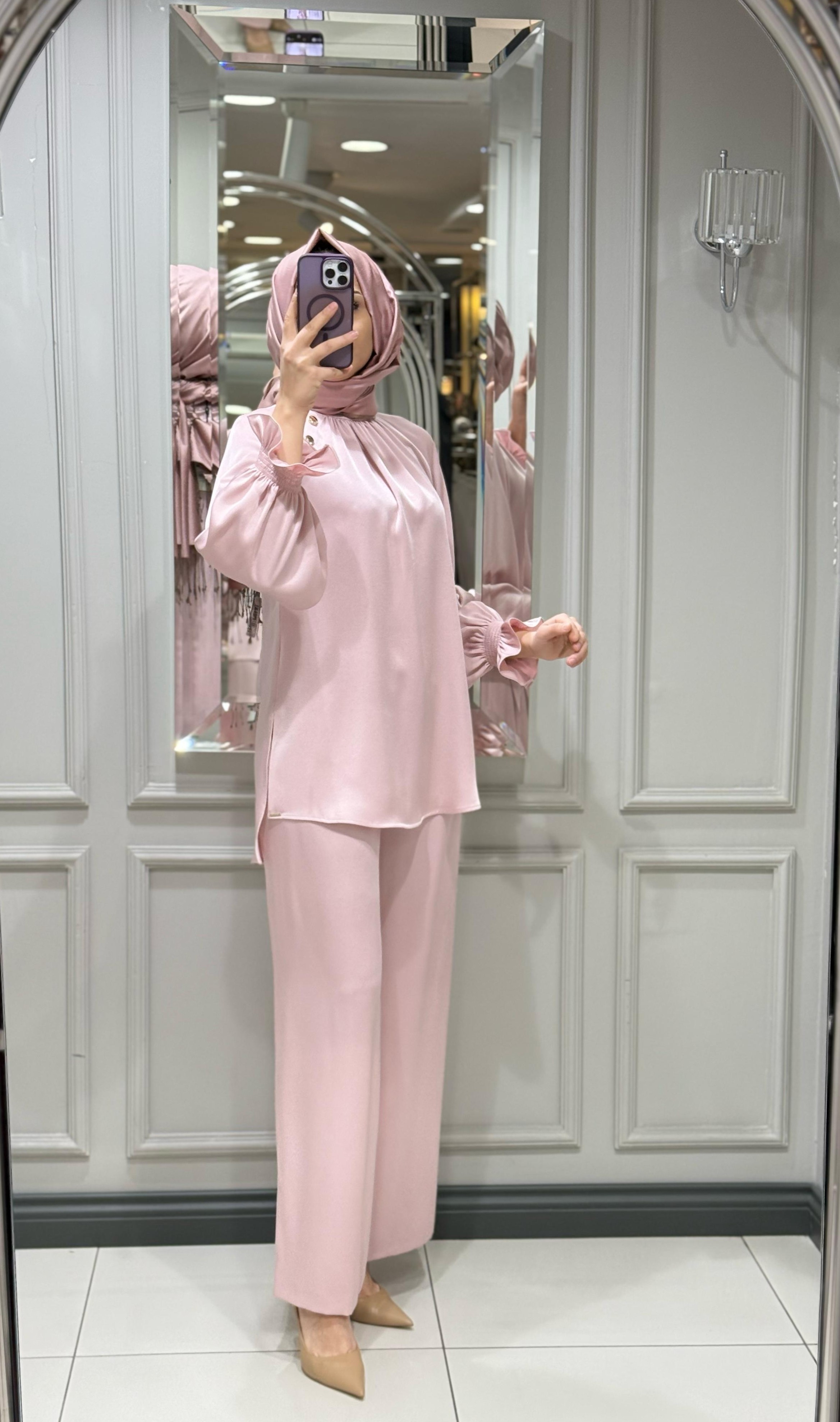 SENNA ELEGANCE BLUZ PANT ABİYE TAKIM PUDRA