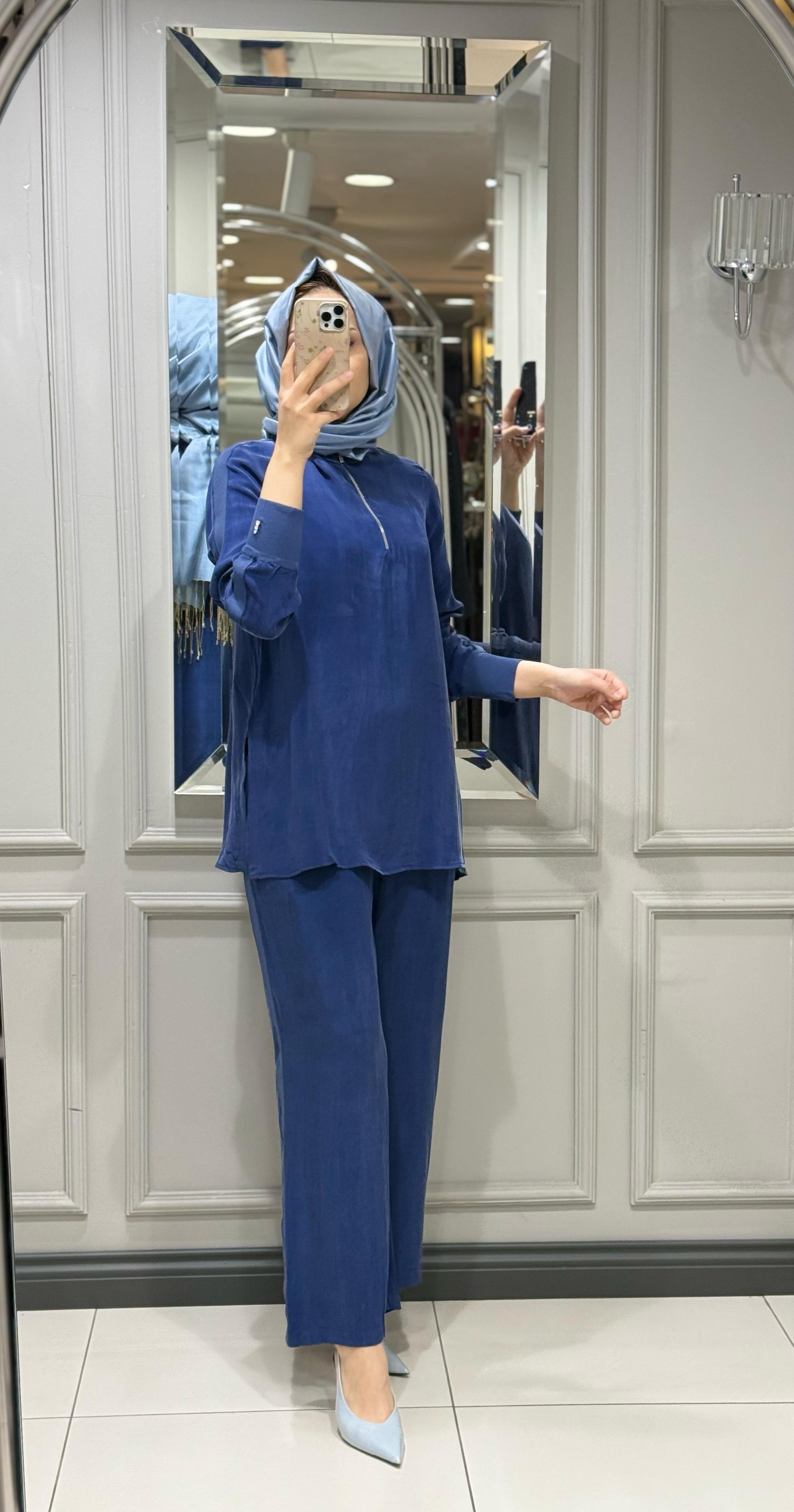 DALİDA CUPRO TUNİK PANTOLON TAKIM NAVY BLUE
