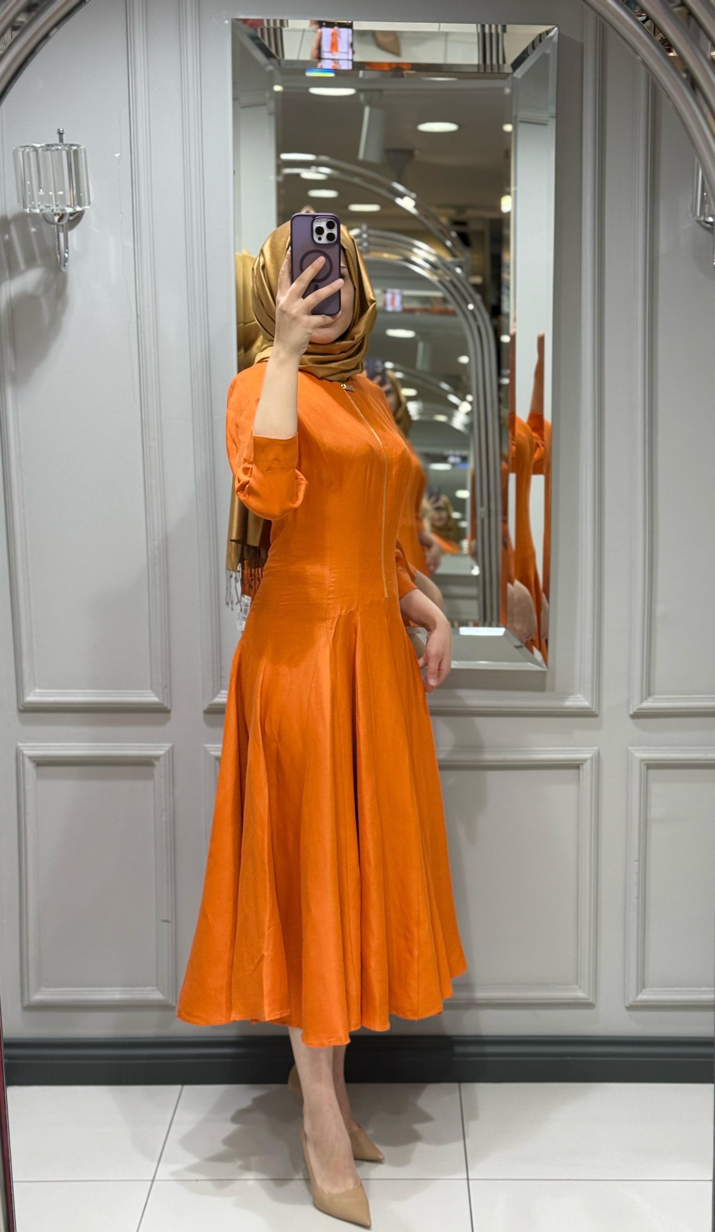 VUU FERMUARLI KLOŞ ELBİSE - ORANJ