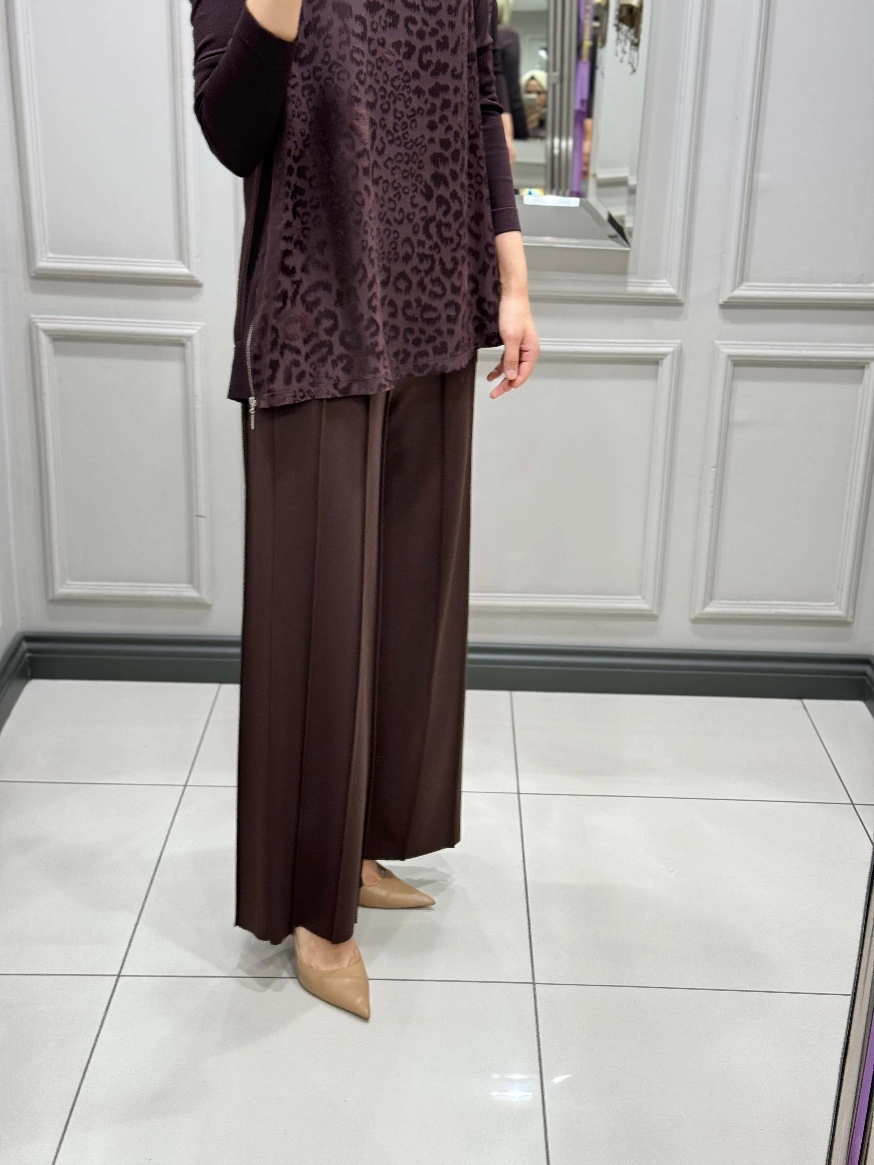 SENTEZ LİORA GENİŞ PAÇA ÖRME PANTOLON - KAHVE