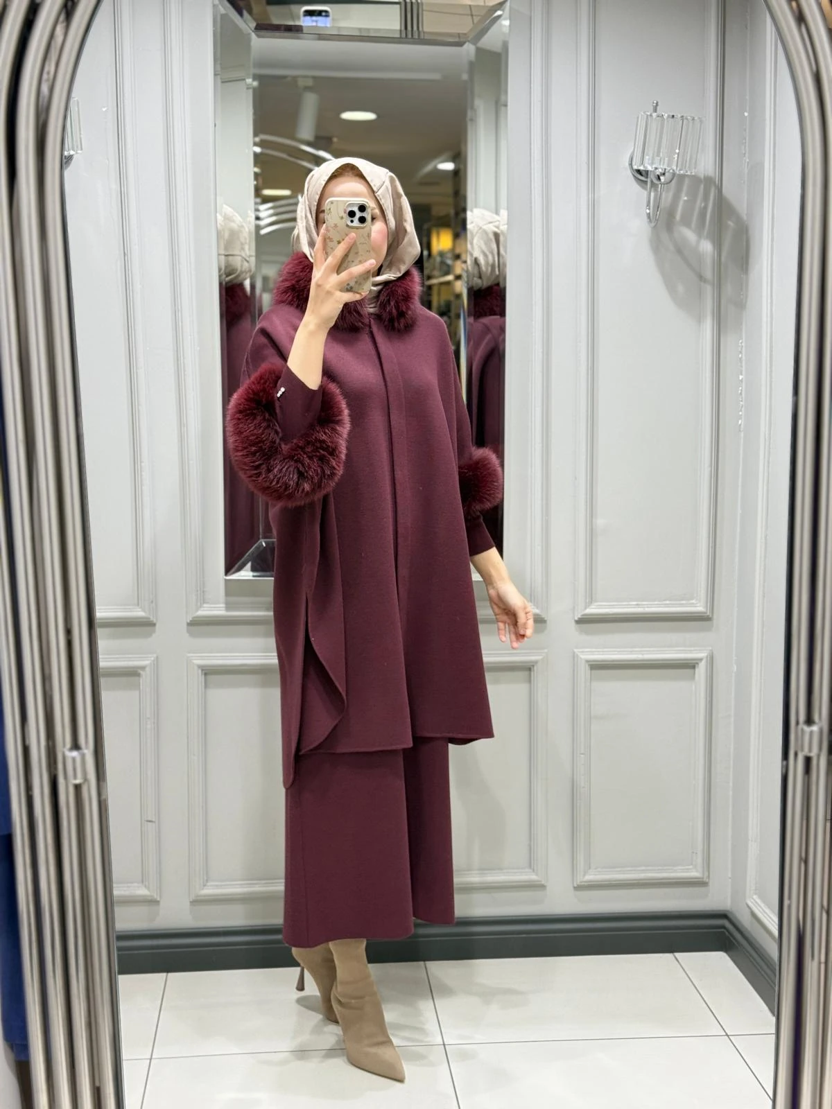 DALİDA KÜRK DETAYLI TRİKO PANÇO - TOGA BORDO