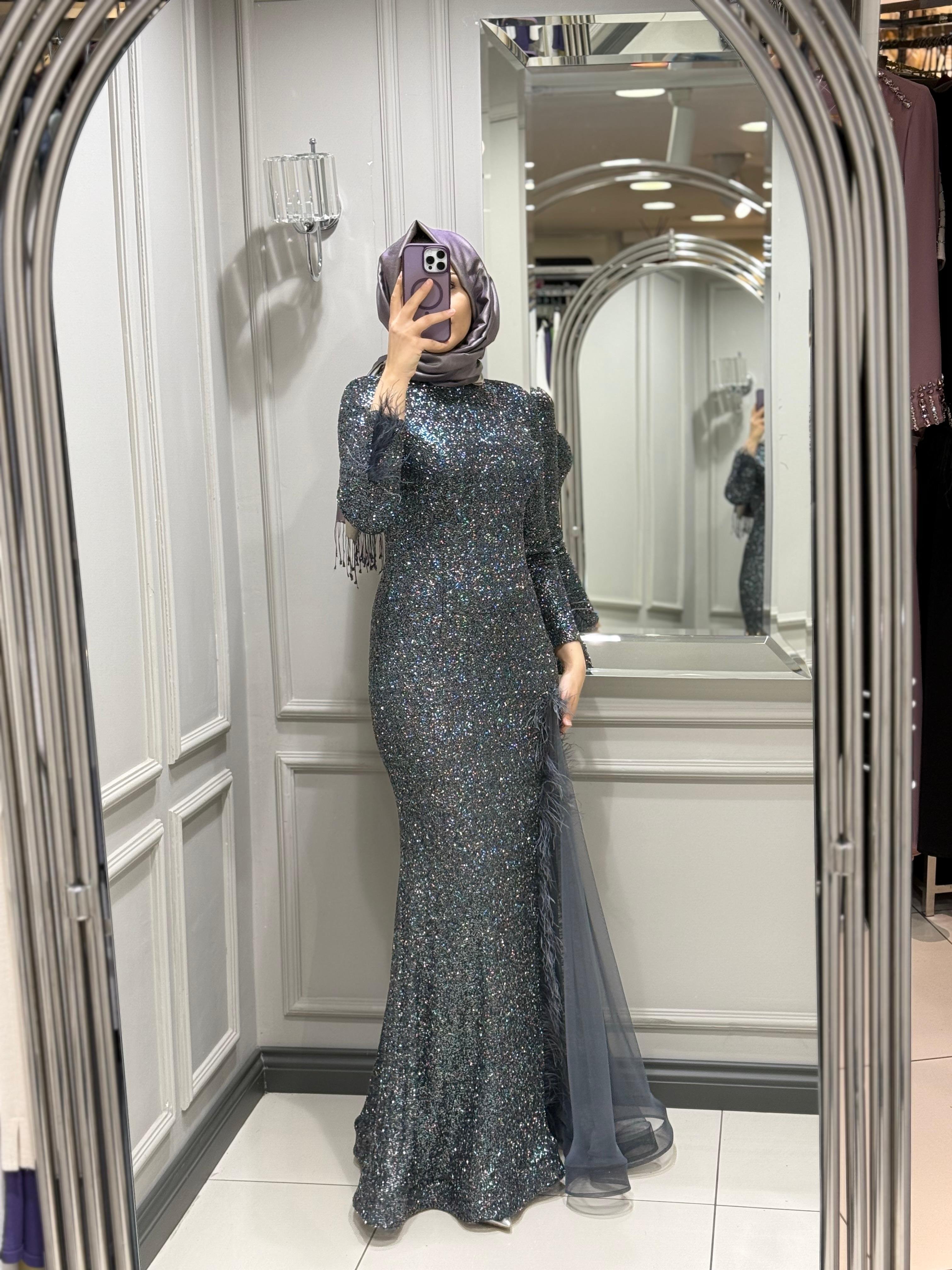 FASHION NIGHT PIRILTI ABİYE ELBİSE - ANTRASIT