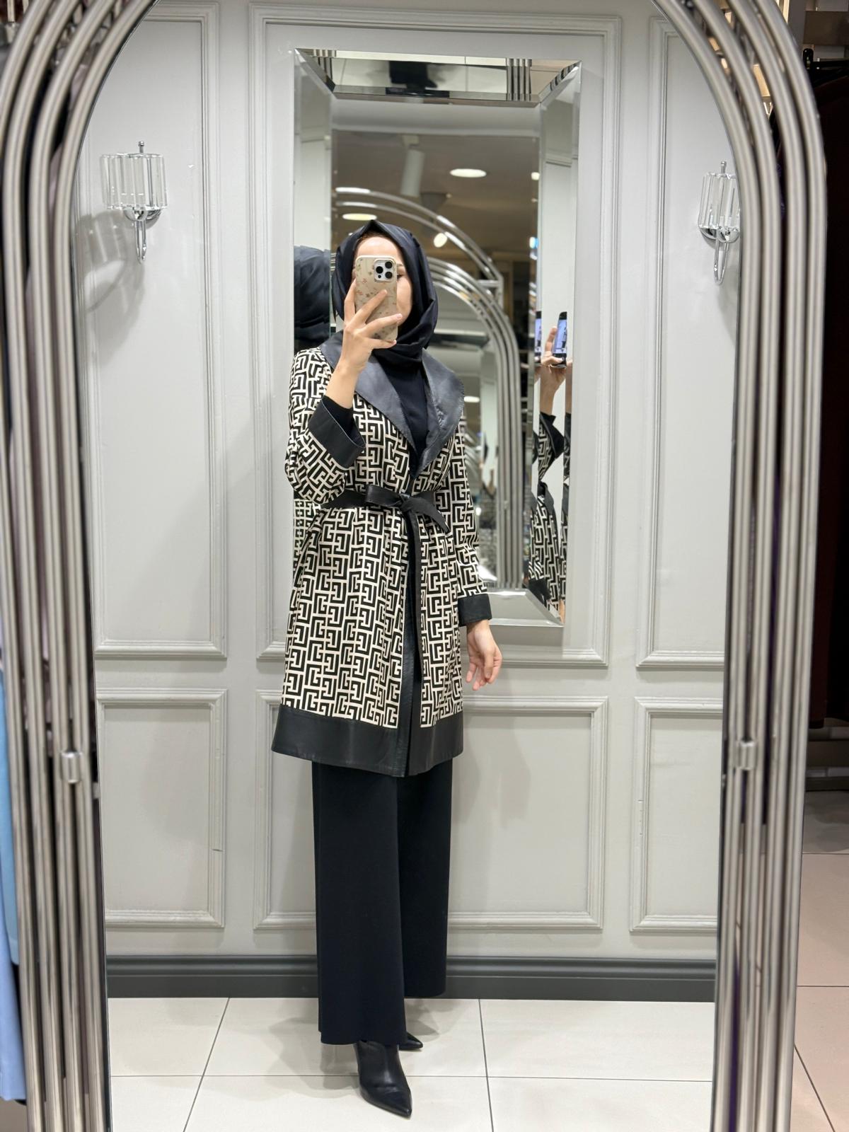 BARUT DERİ LABİRENT DESEN CEKET - KREM