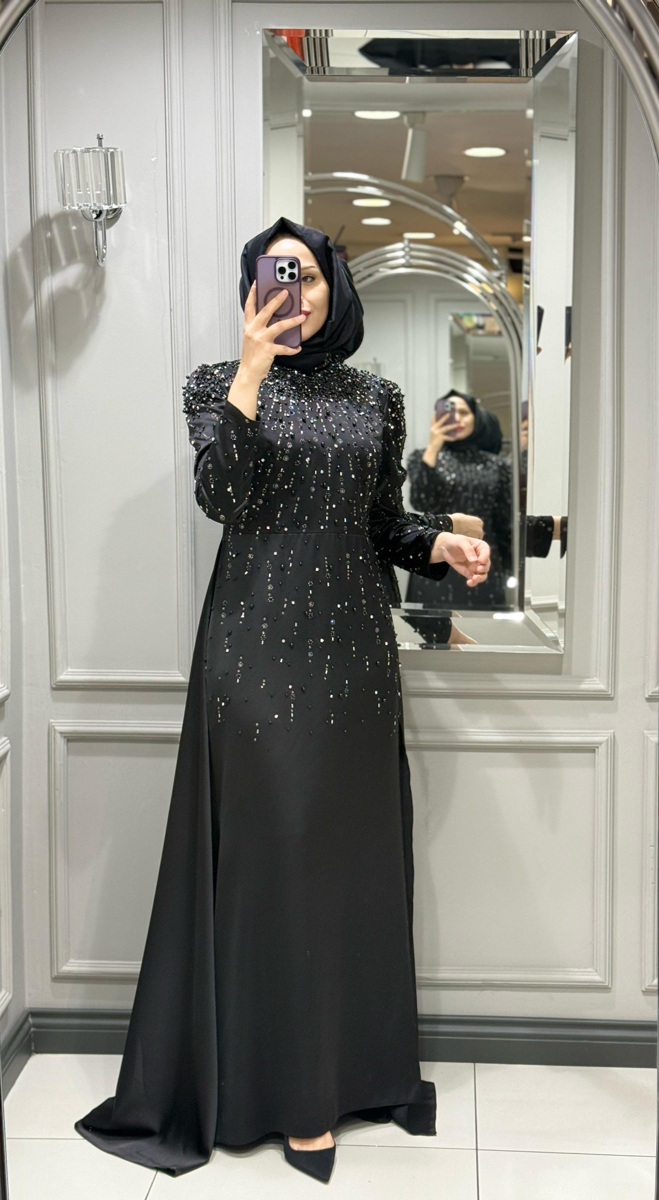 FASHION NIGHT SATEN ELBİSE - SİYAH