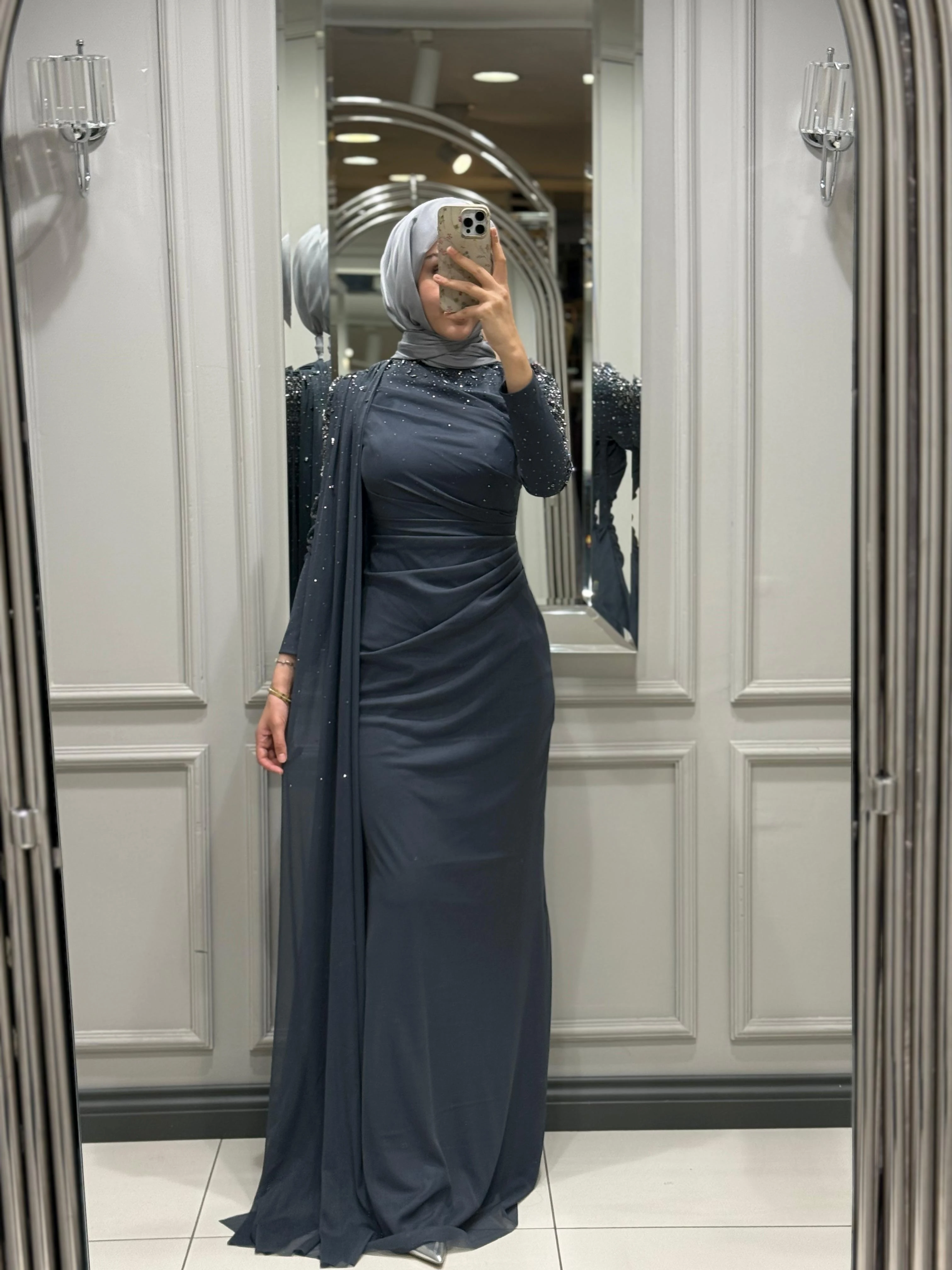 FASHION NIGHT KOLU TAŞLI ELBİSE - ANTRASIT