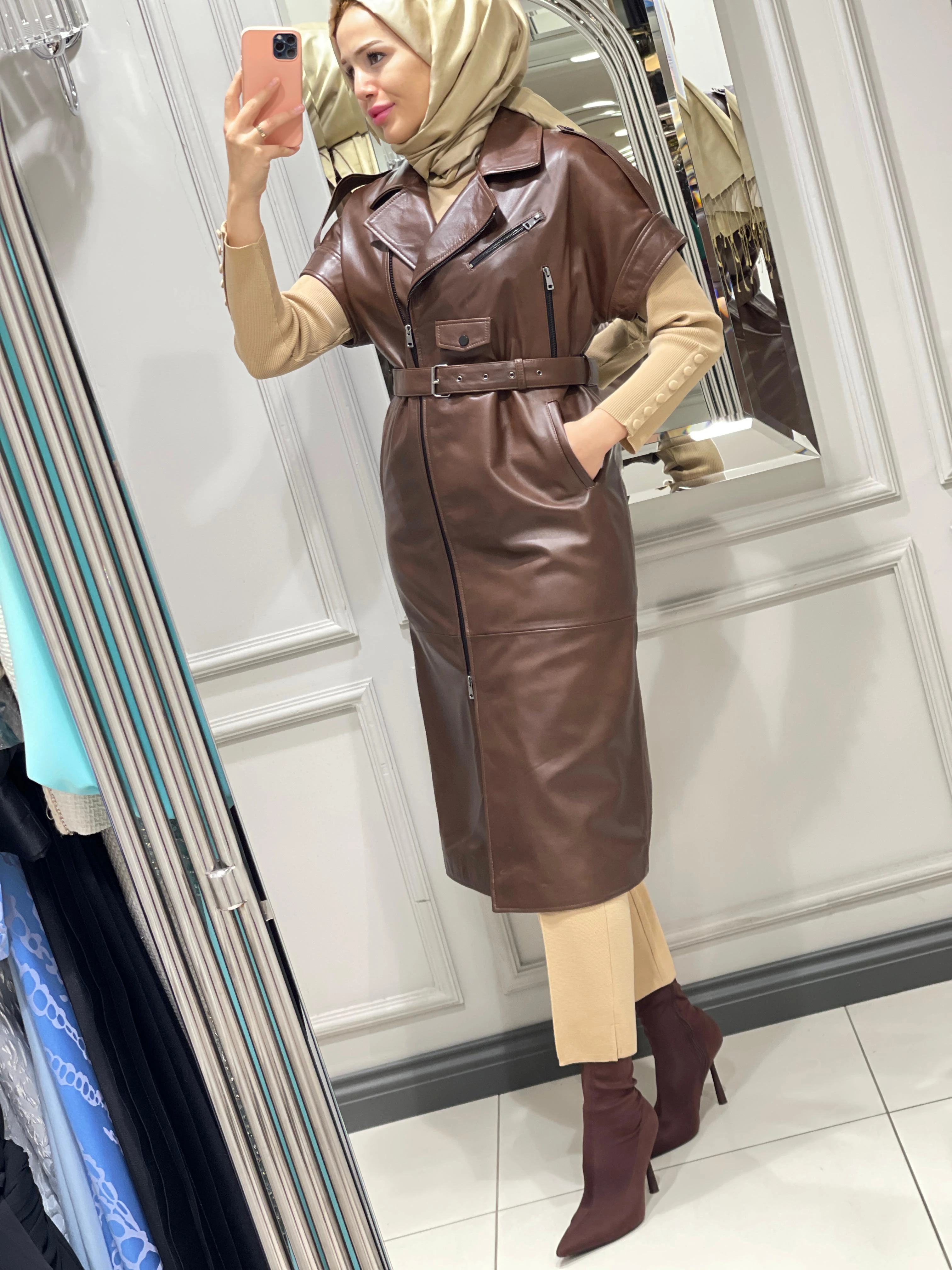 BARUT DERİ UZUN YELEK