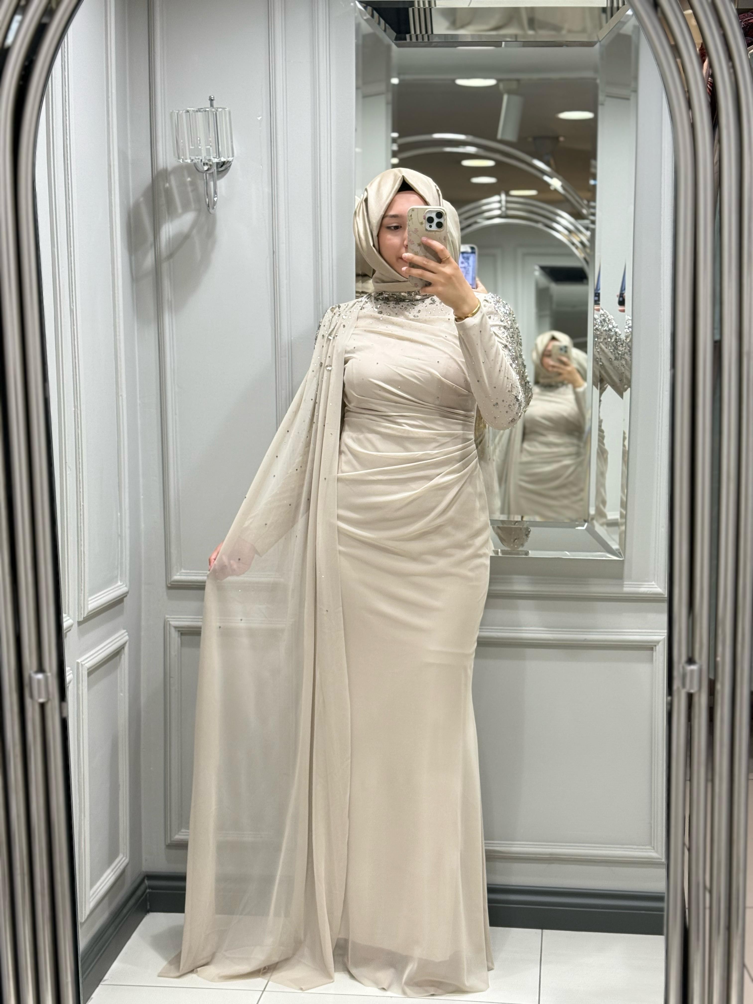 FASHION NIGHT KOLU TAŞLI ELBİSE - TAS