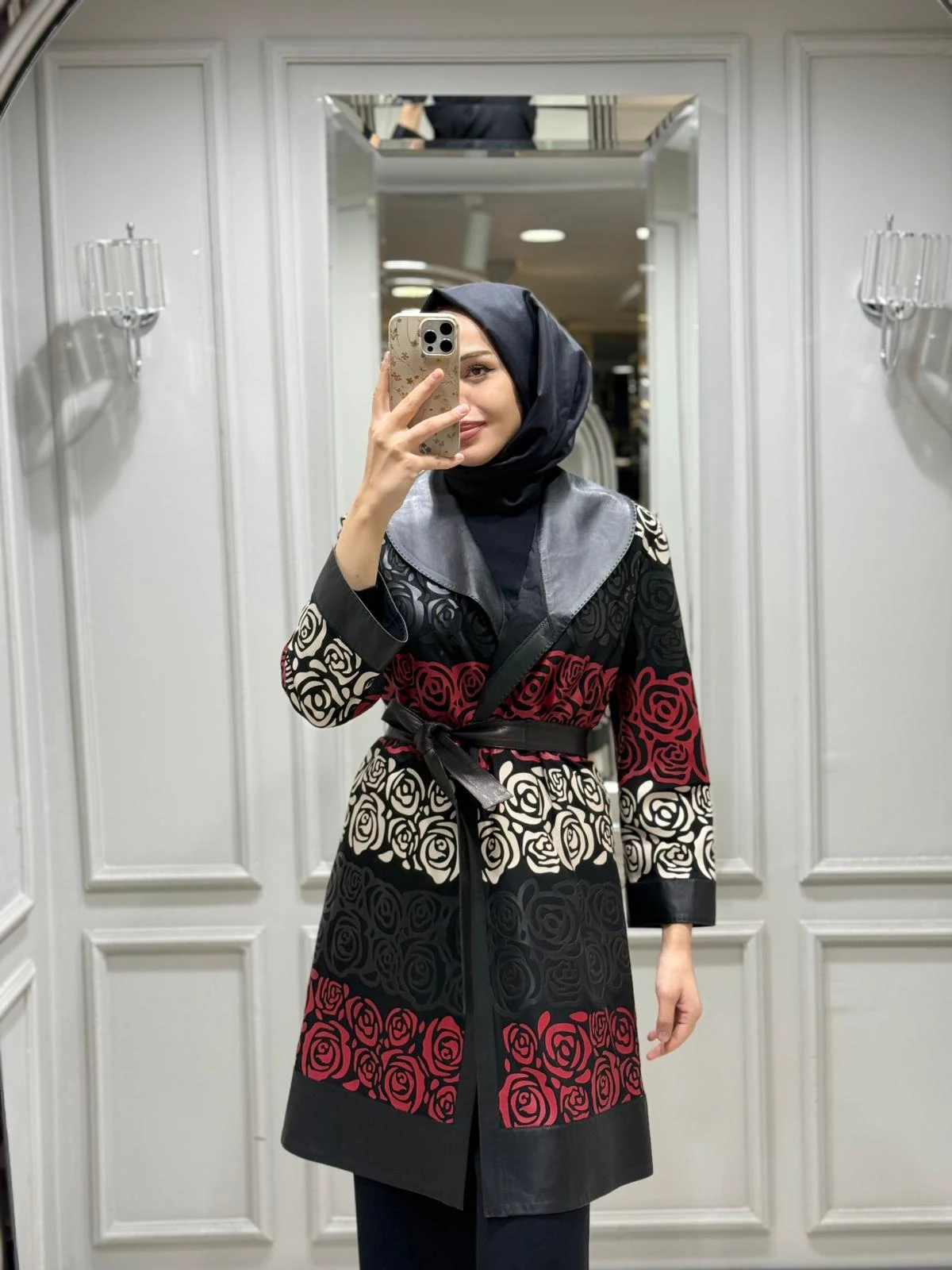 BARUT DERİ GÜLLÜ DESEN CEKET