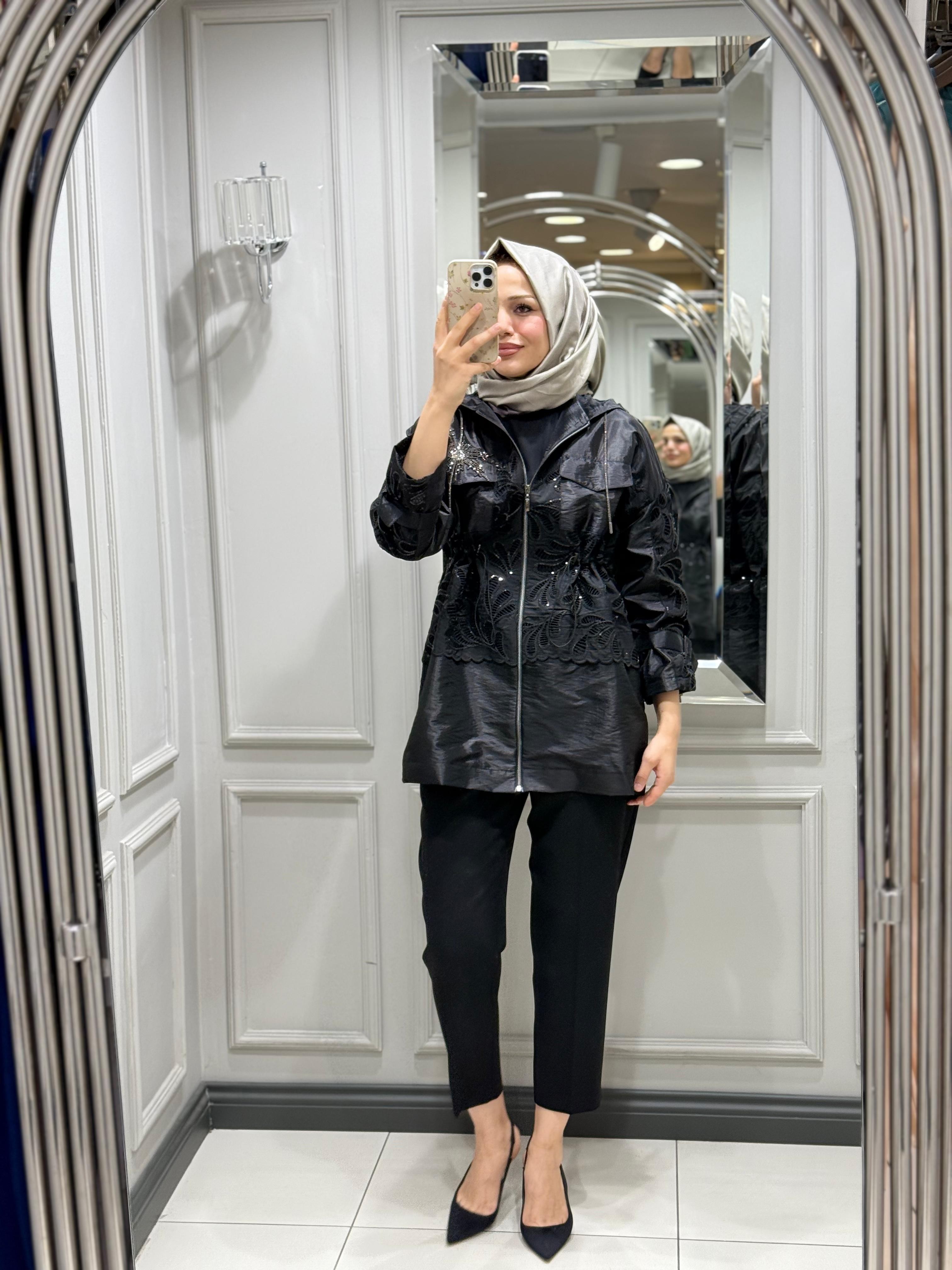 MY312 DANTELLİ TAŞLI CEKET - SİYAH